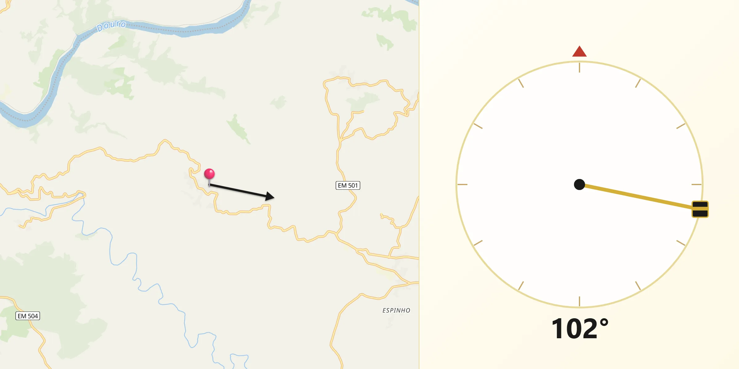 Direção da Qibla a partir de Ervedosa do Douro