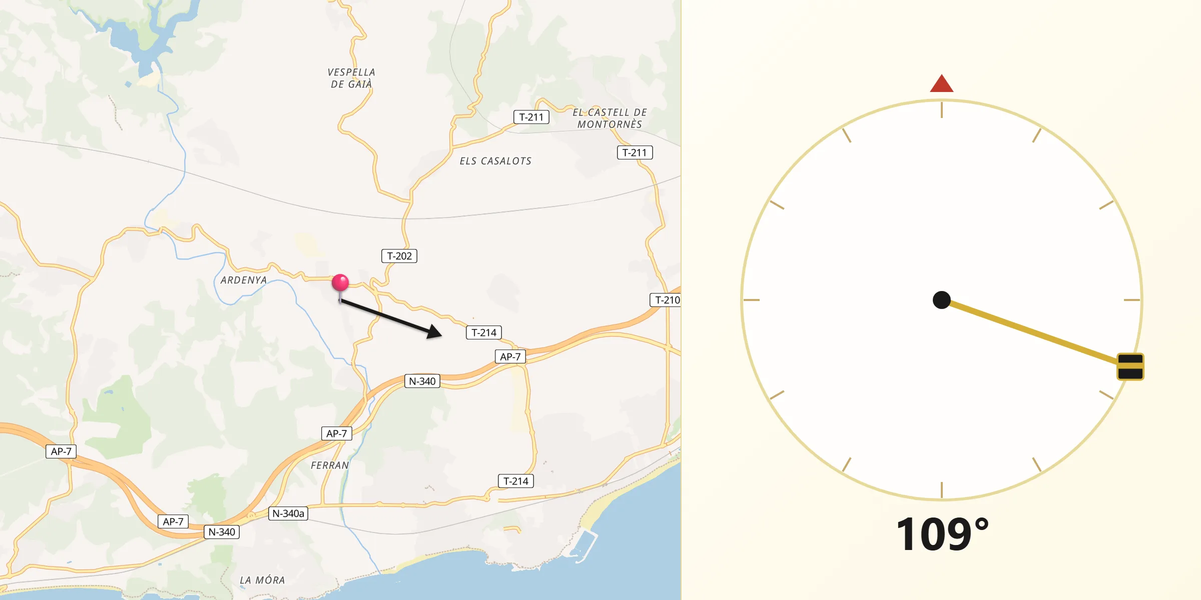 Dirección de la Qibla desde La Riera de Gaià