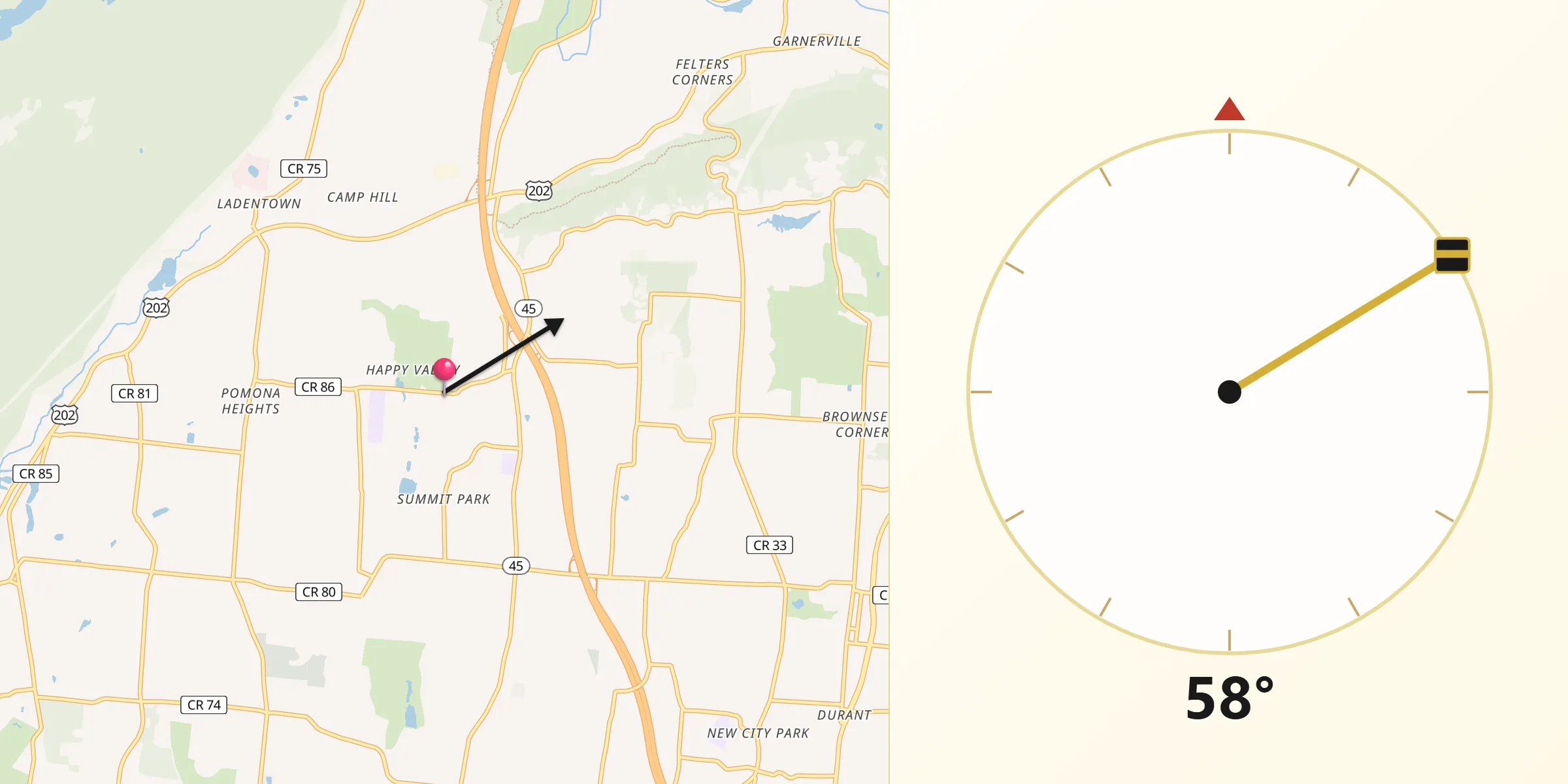 Dirección de la Qibla desde Pomona
