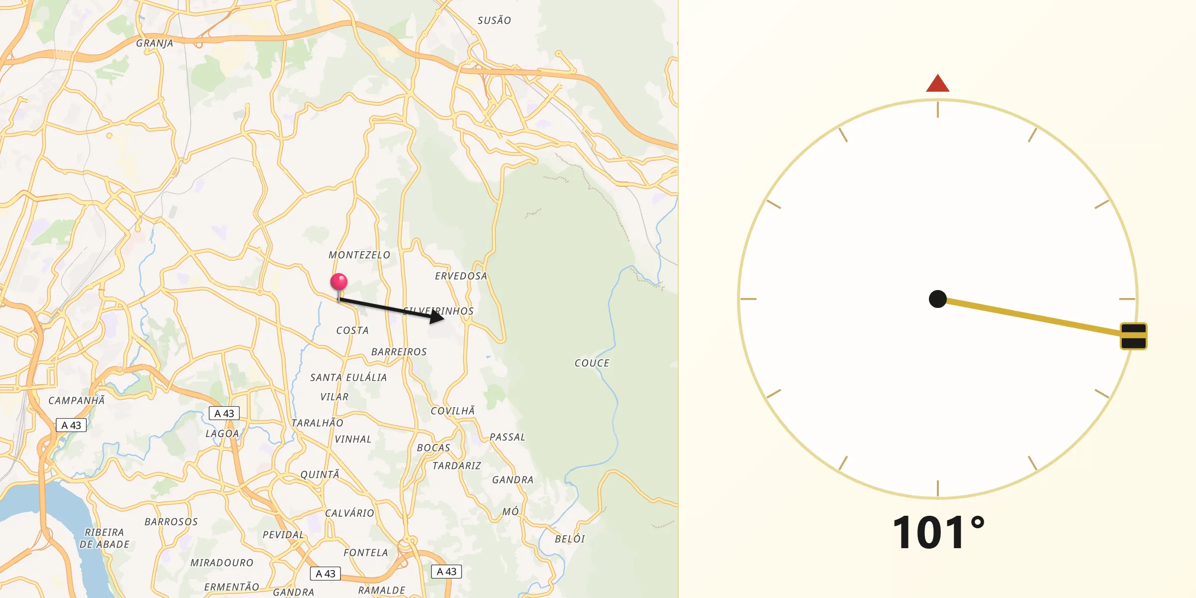 Direção da Qibla a partir de Fânzeres