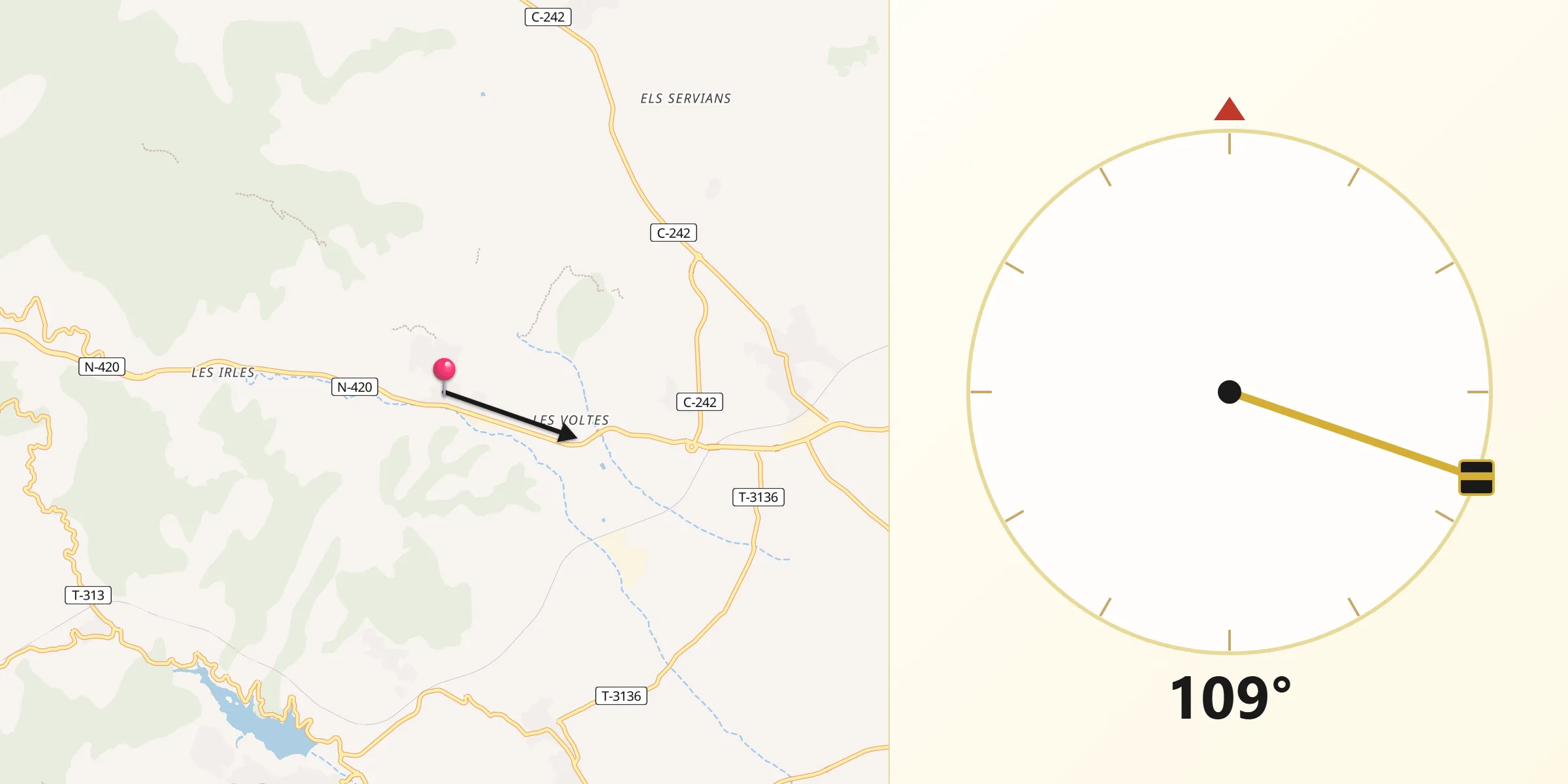 Dirección de la Qibla desde Riudecols