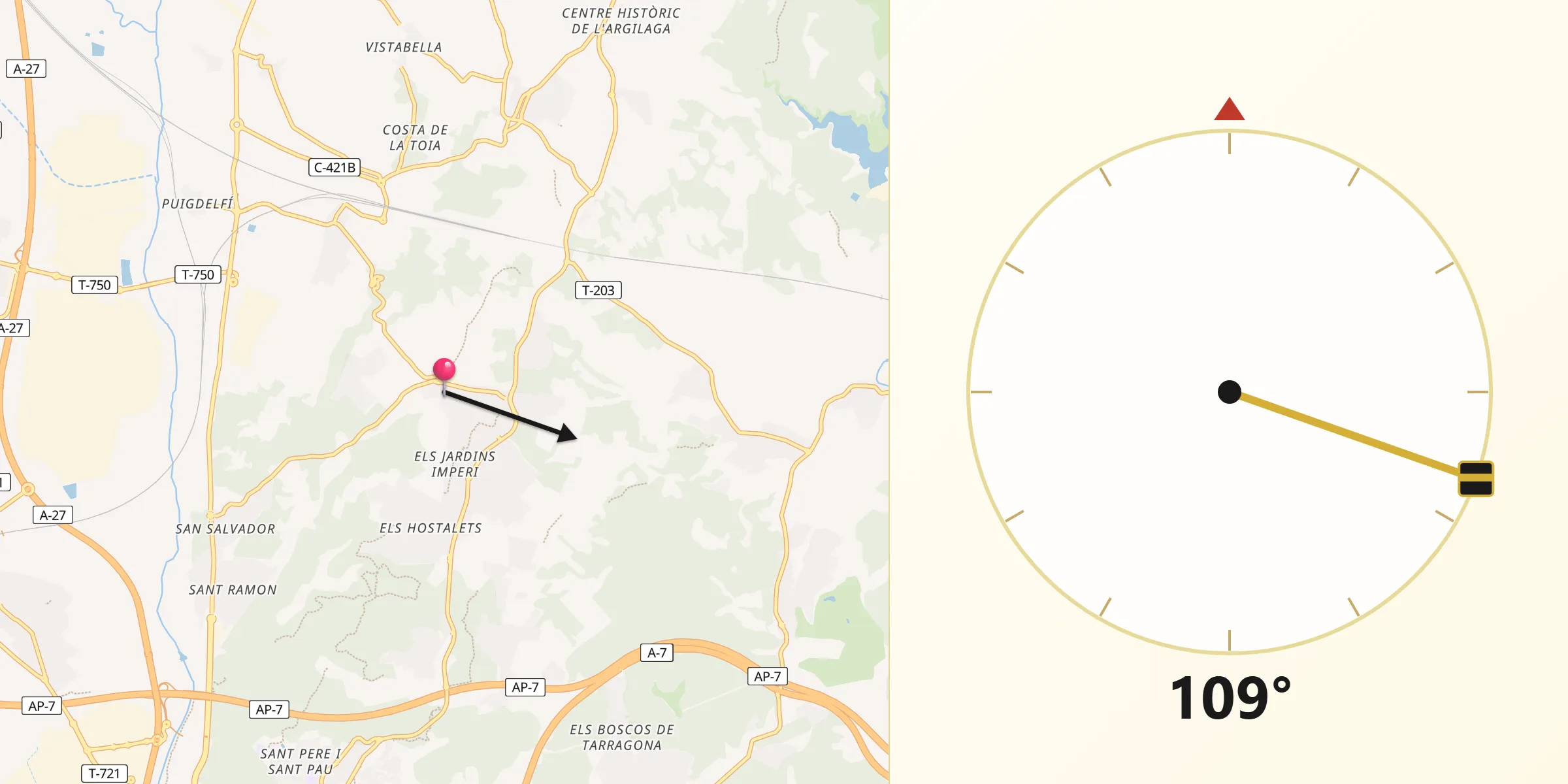 Dirección de la Qibla desde Pallaresos