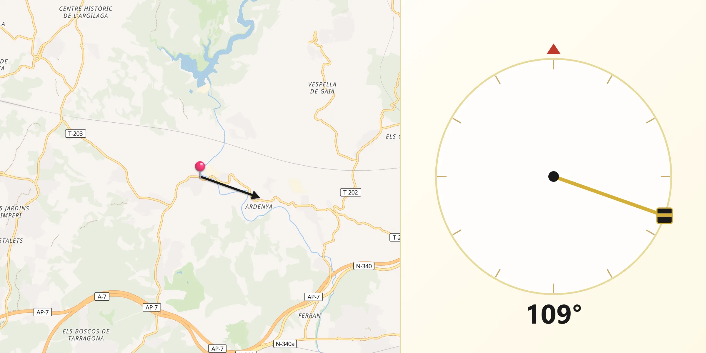 Dirección de la Qibla desde Catllar