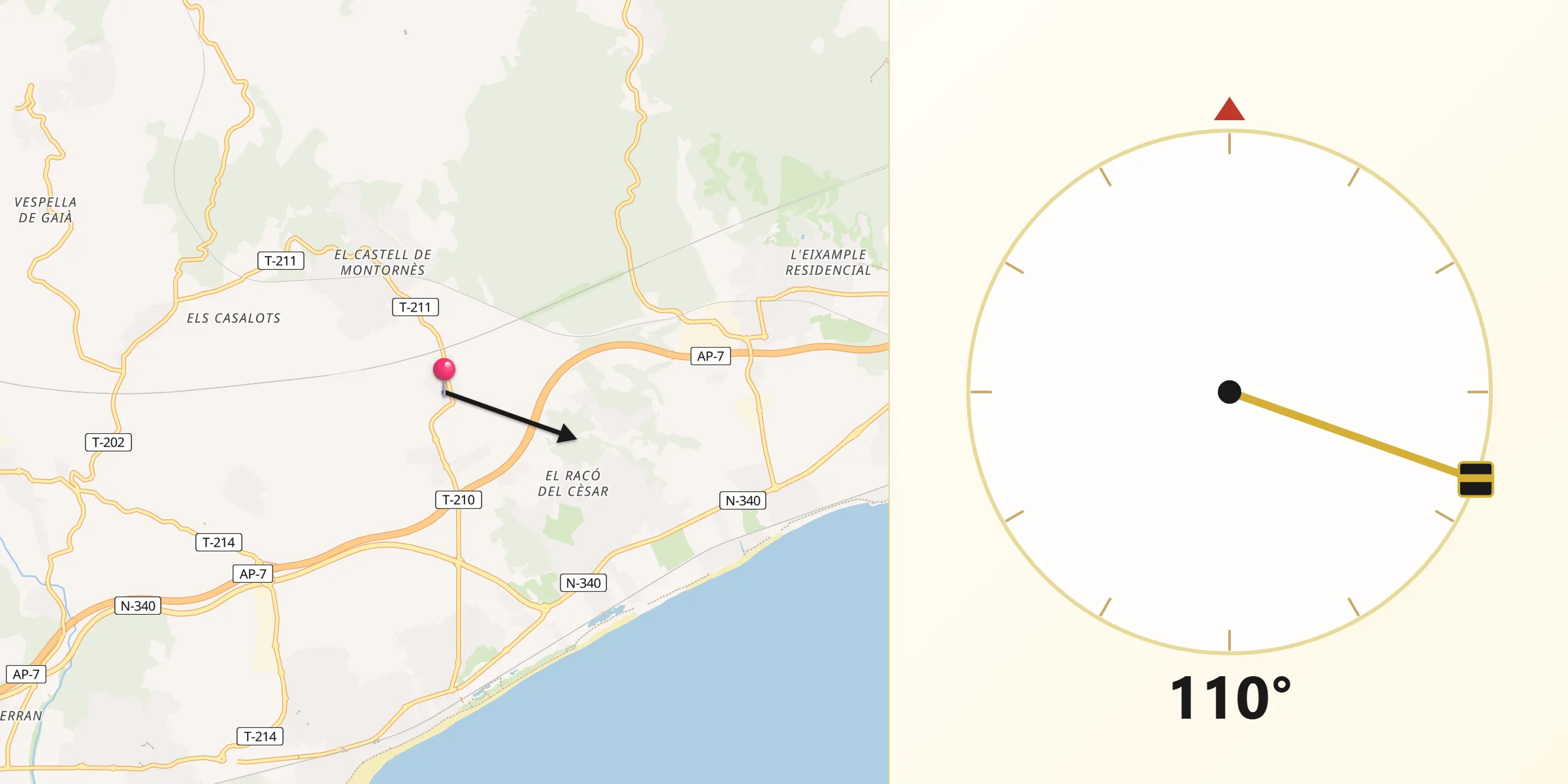 Dirección de la Qibla desde Pobla de Montornès