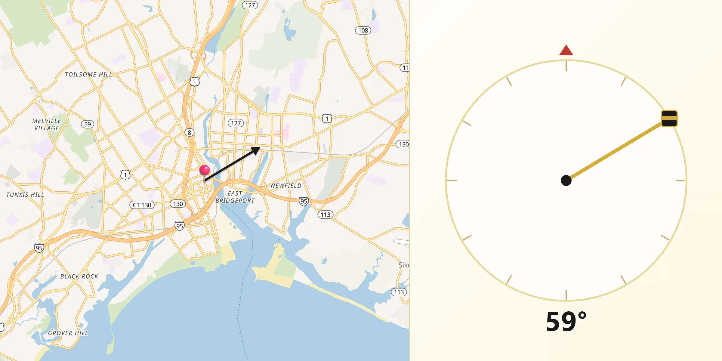 Dirección de la Qibla desde Bridgeport