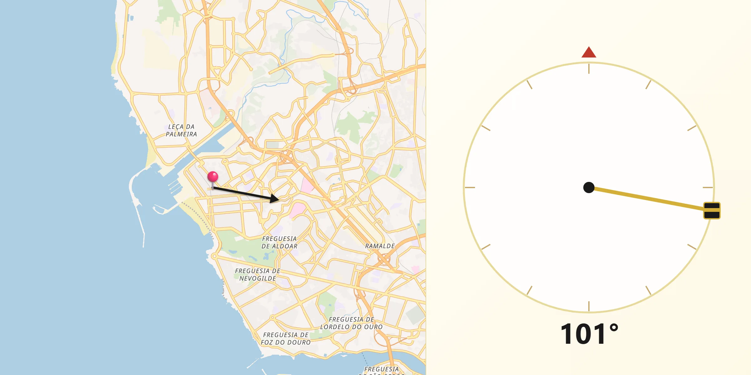 Direção da Qibla a partir de Matosinhos