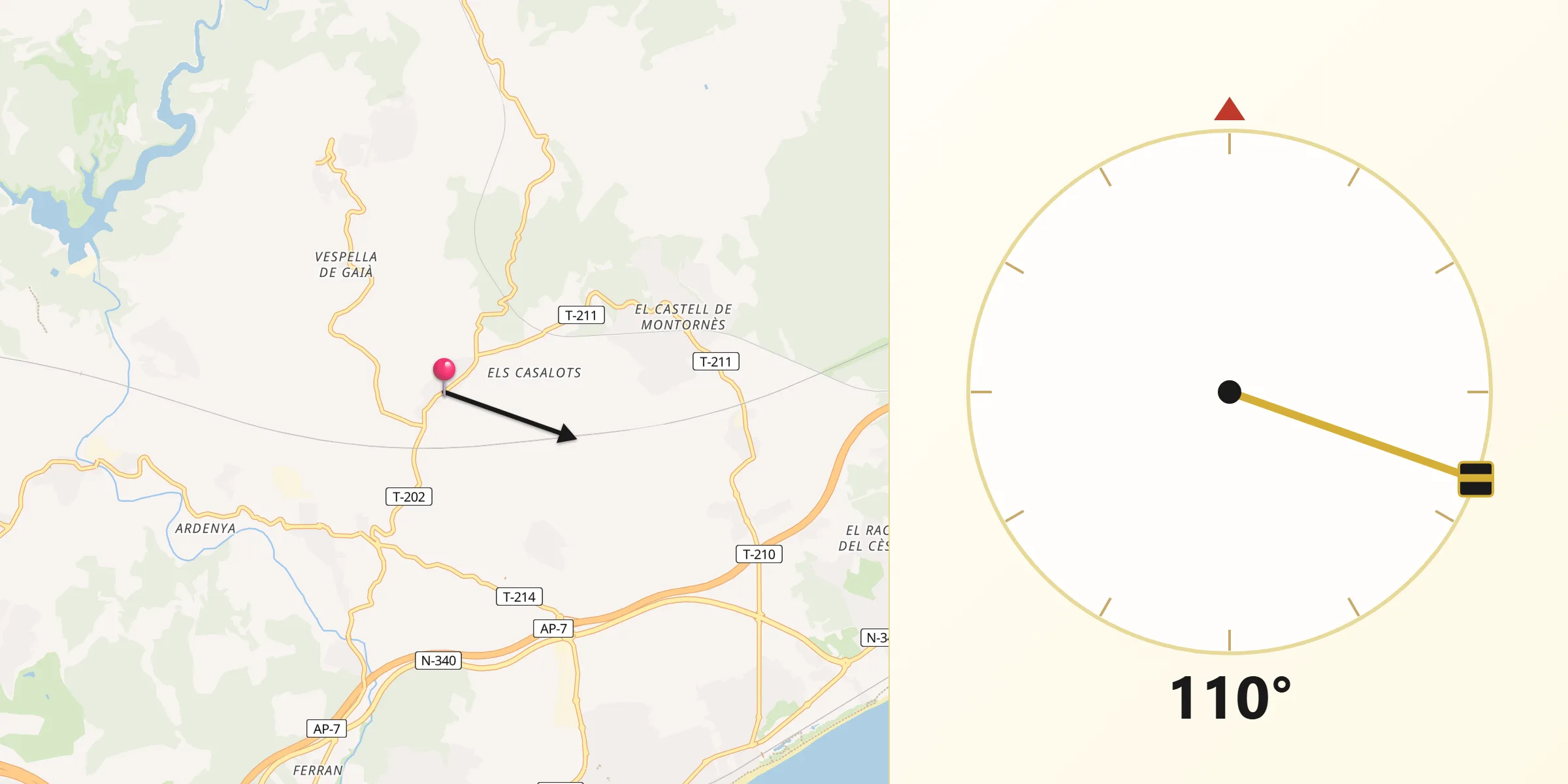 Dirección de la Qibla desde Nou de Gaià