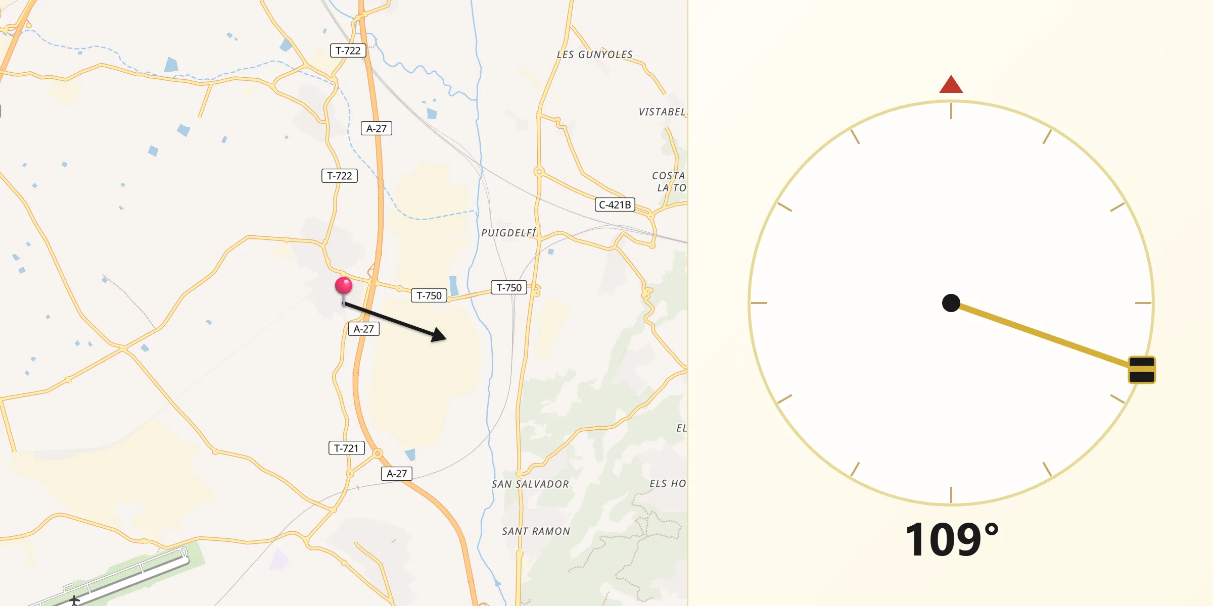 Dirección de la Qibla desde Pobla de Mafumet