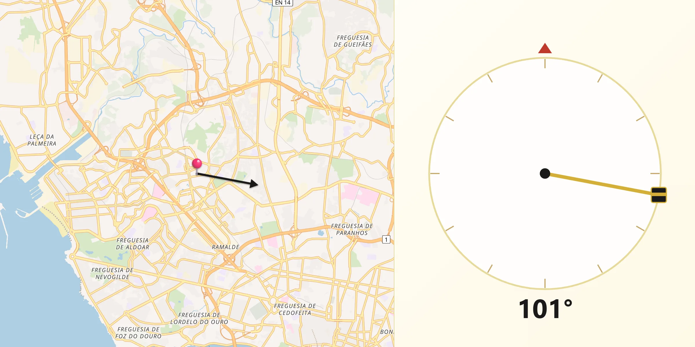 Direção da Qibla a partir de Senhora da Hora
