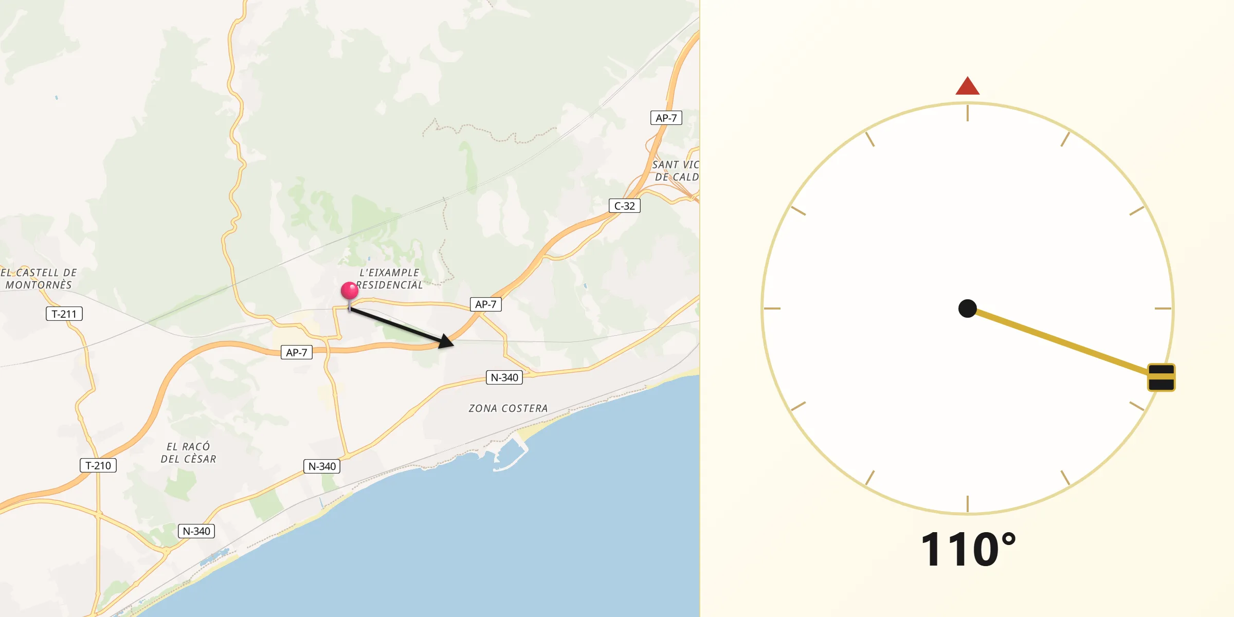 Dirección de la Qibla desde Roda de Barà