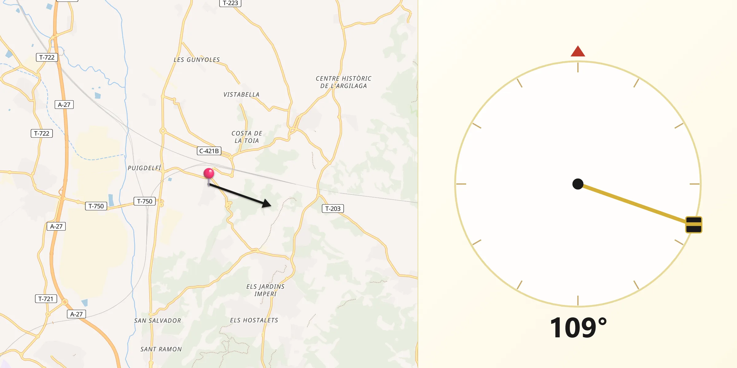 Dirección de la Qibla desde Perafort