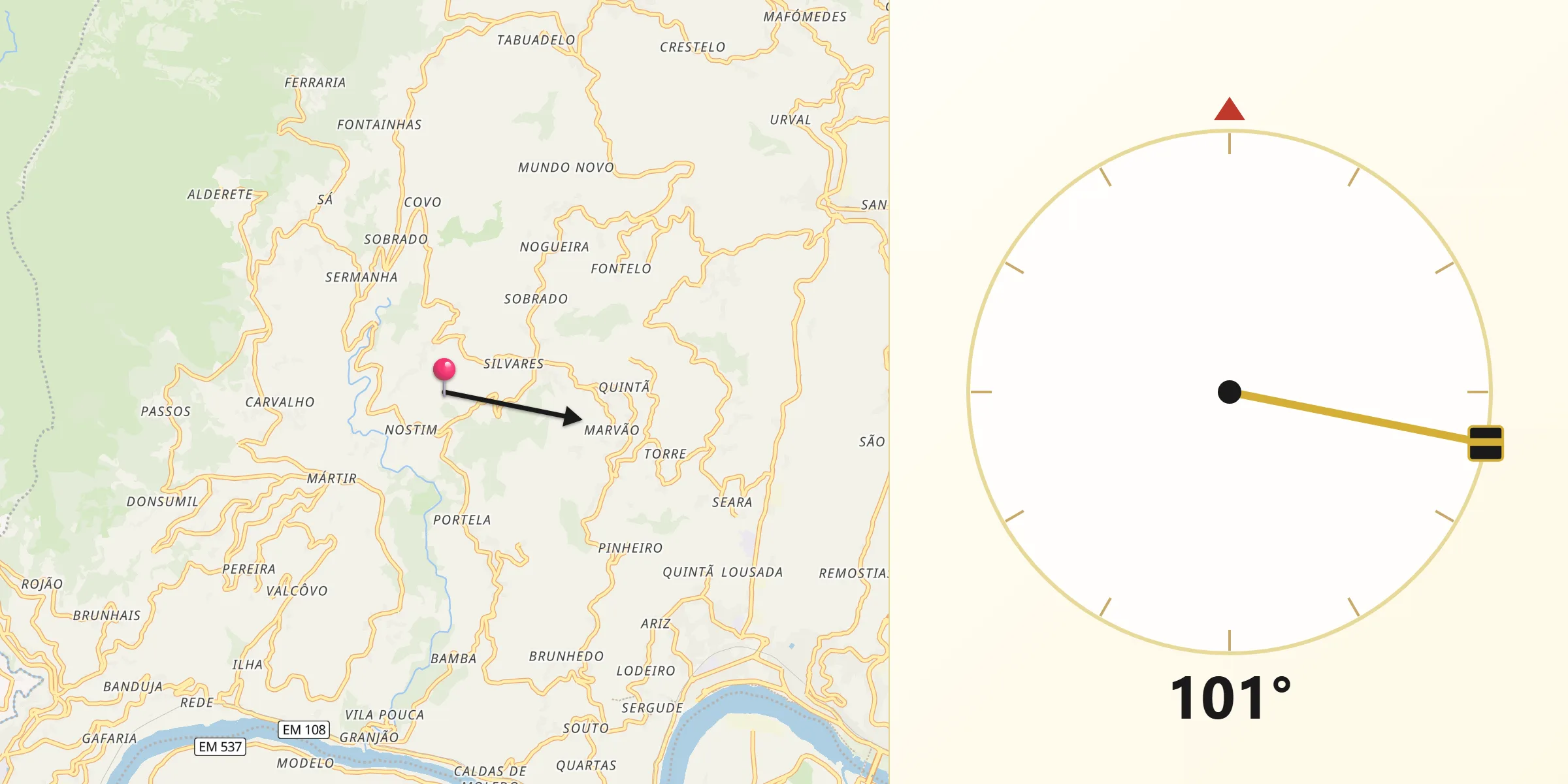 Direção da Qibla a partir de Peso da Régua