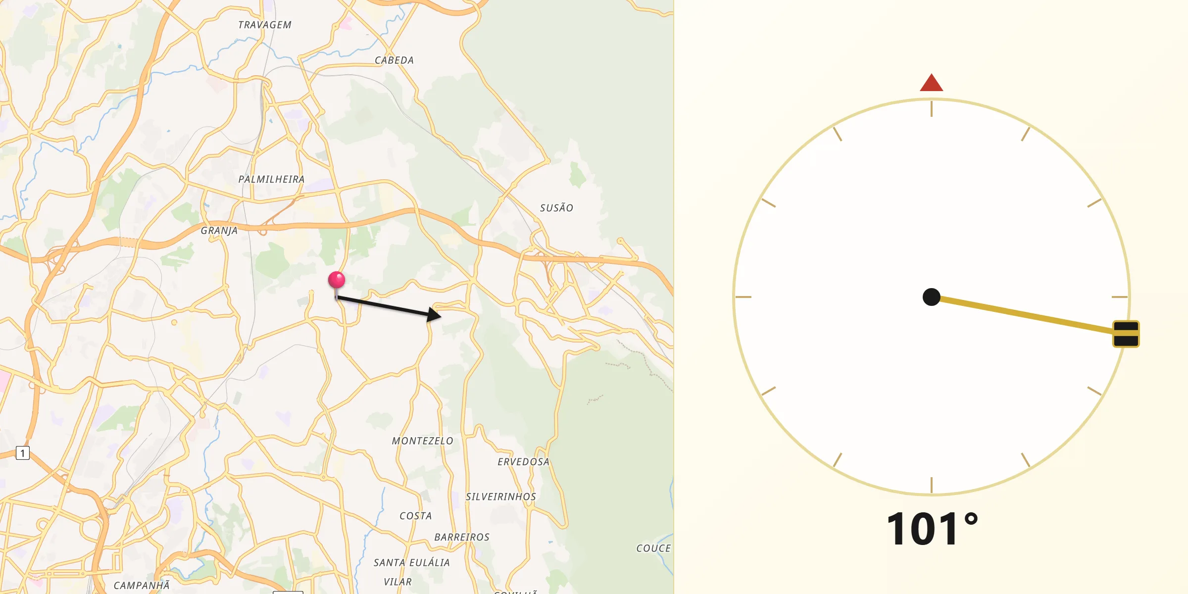 Direção da Qibla a partir de Baguim do Monte