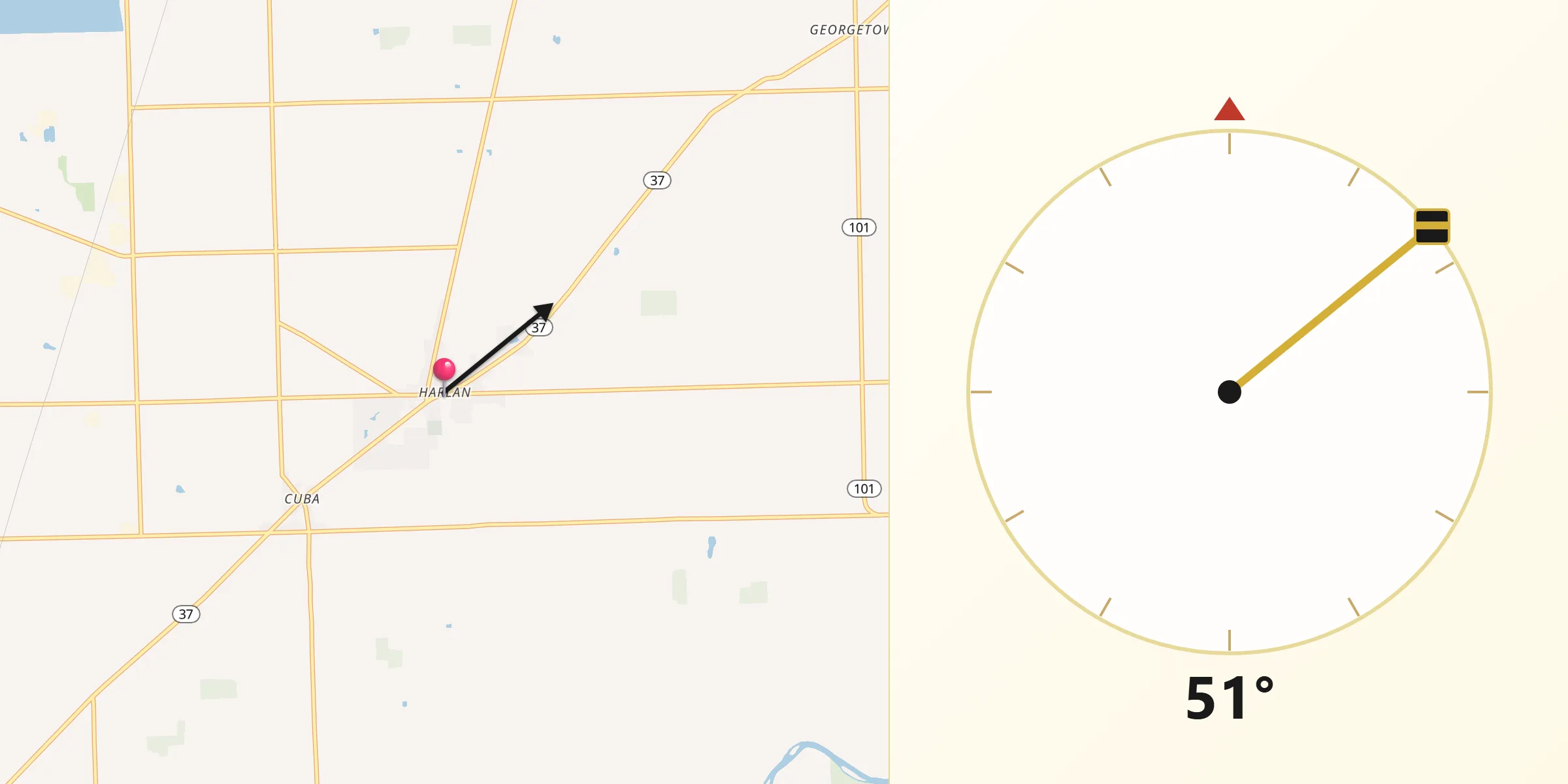 Qibla Direction from Harlan
