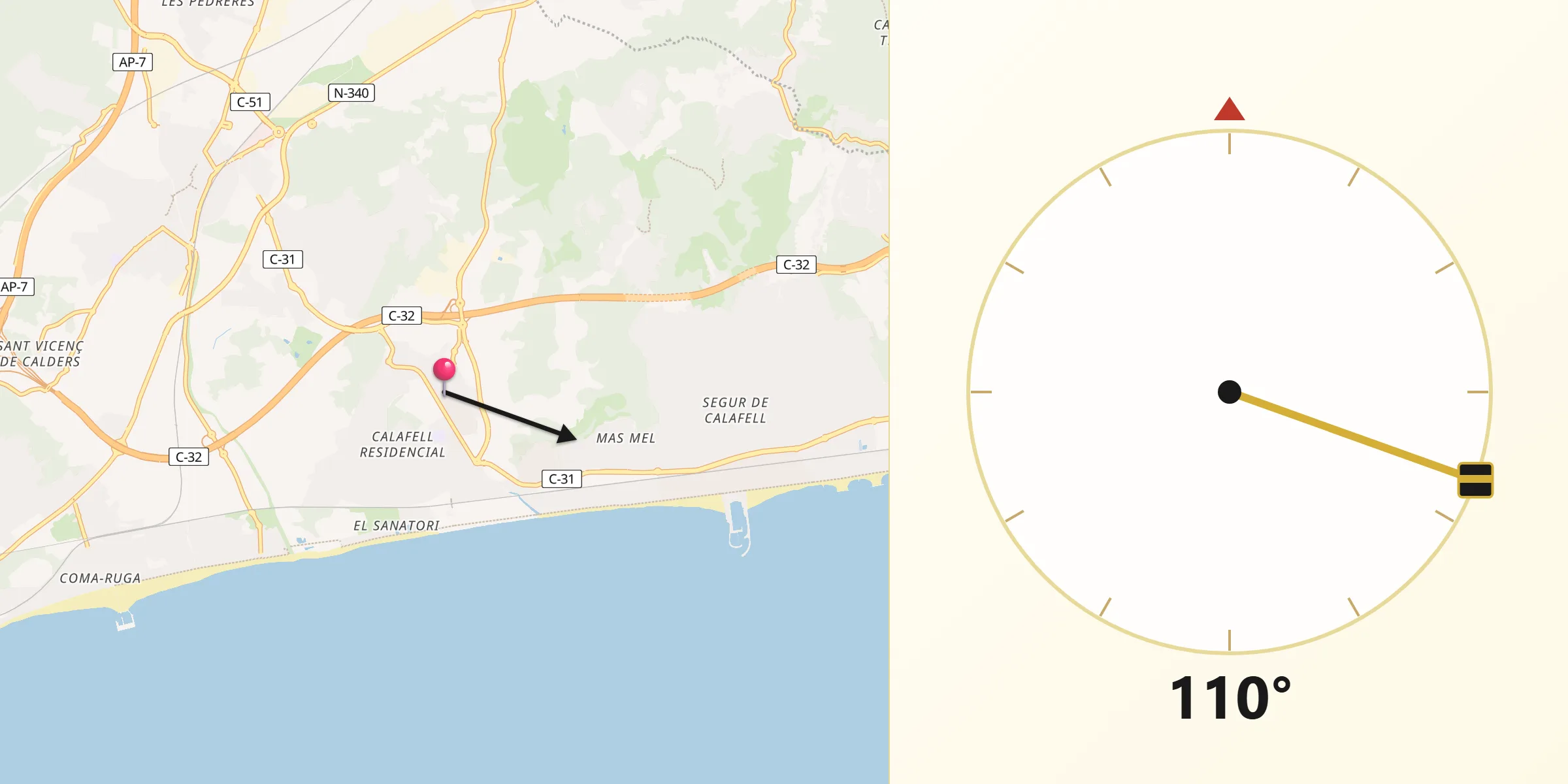Dirección de la Qibla desde Calafell