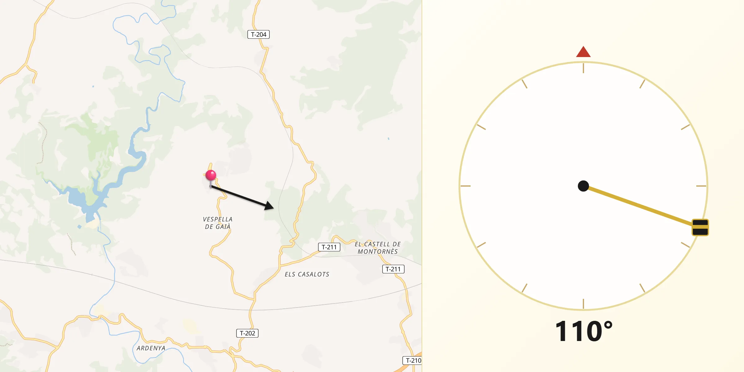 Dirección de la Qibla desde Vespella de Gaià