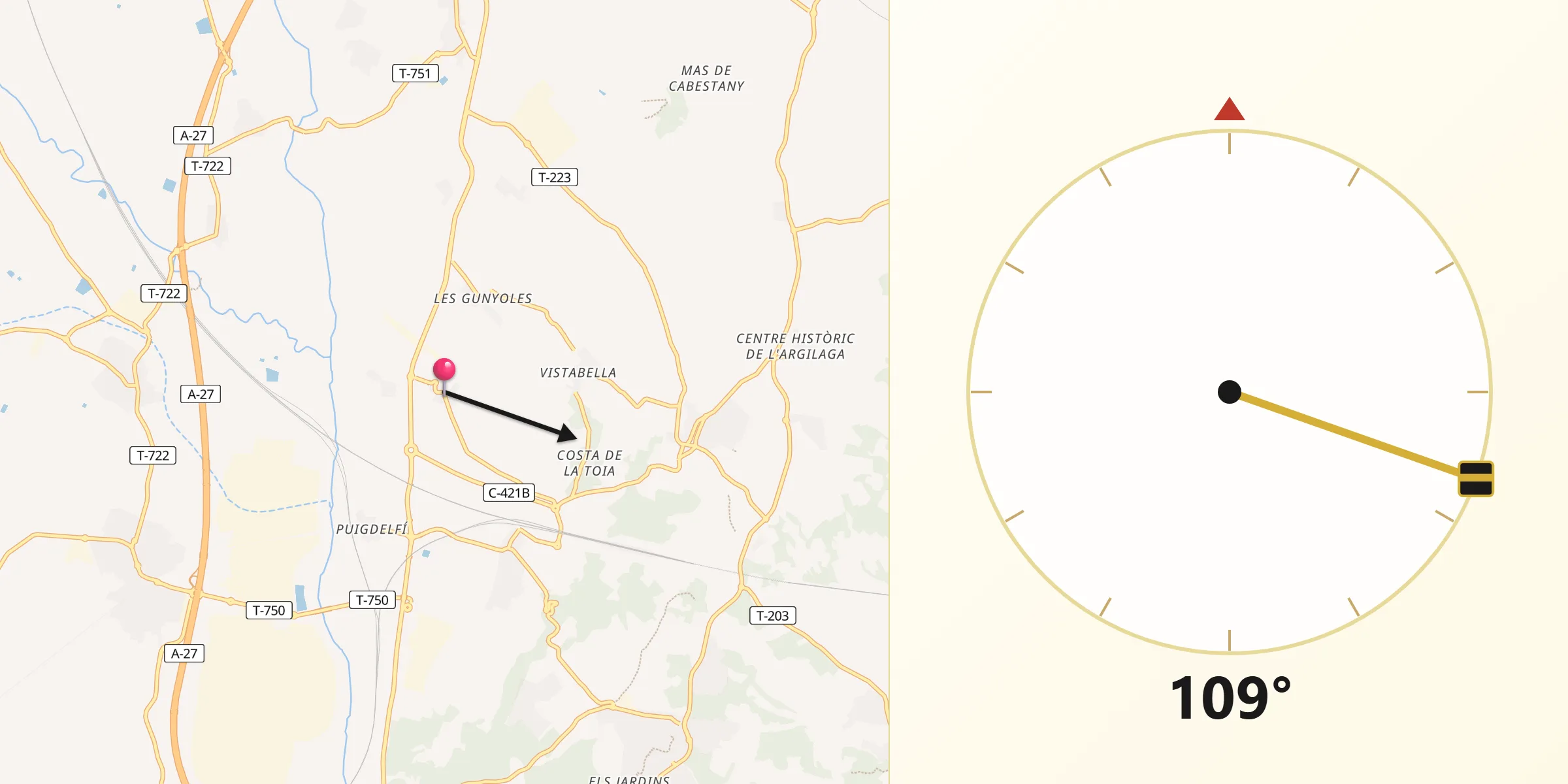 Dirección de la Qibla desde Garidells