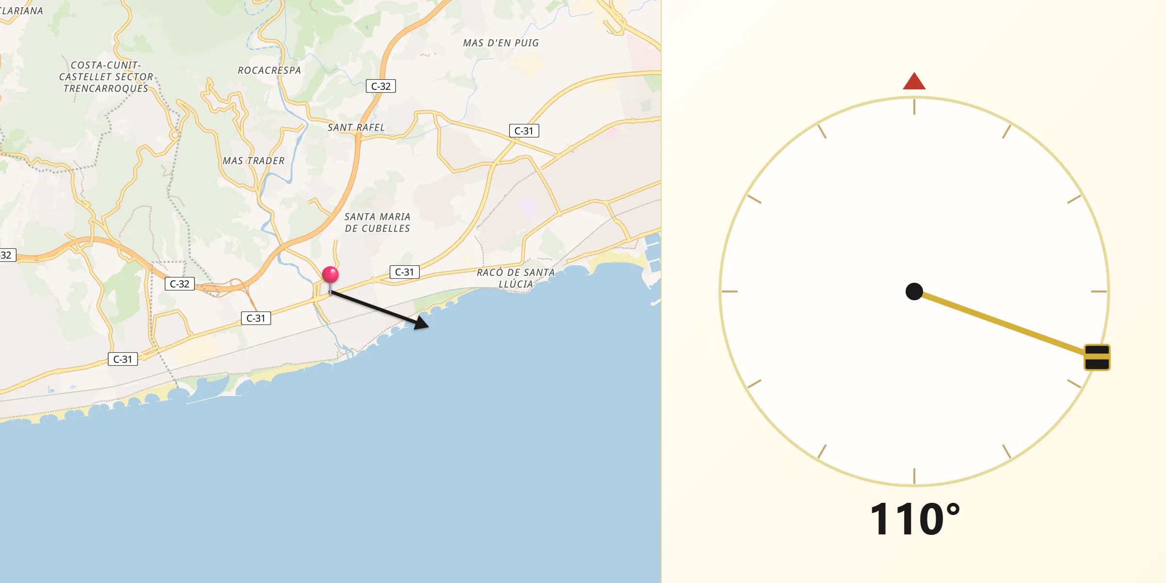 Dirección de la Qibla desde Cubelles