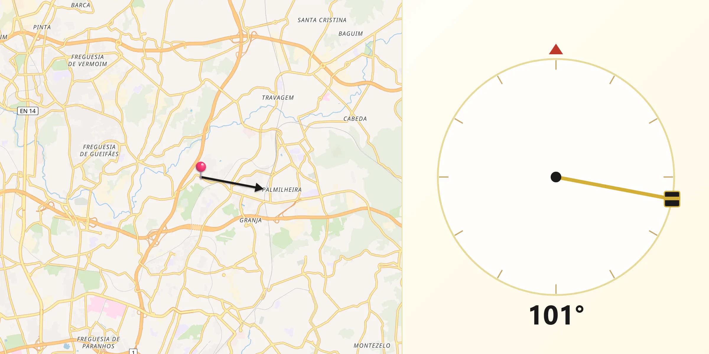 Direção da Qibla a partir de Águas Santas