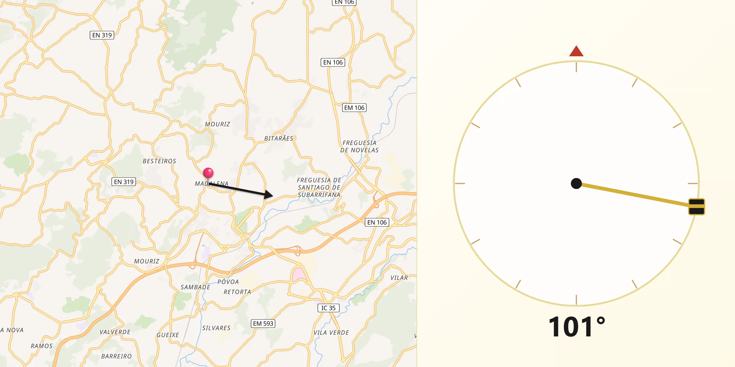 Direção da Qibla a partir de Madalena