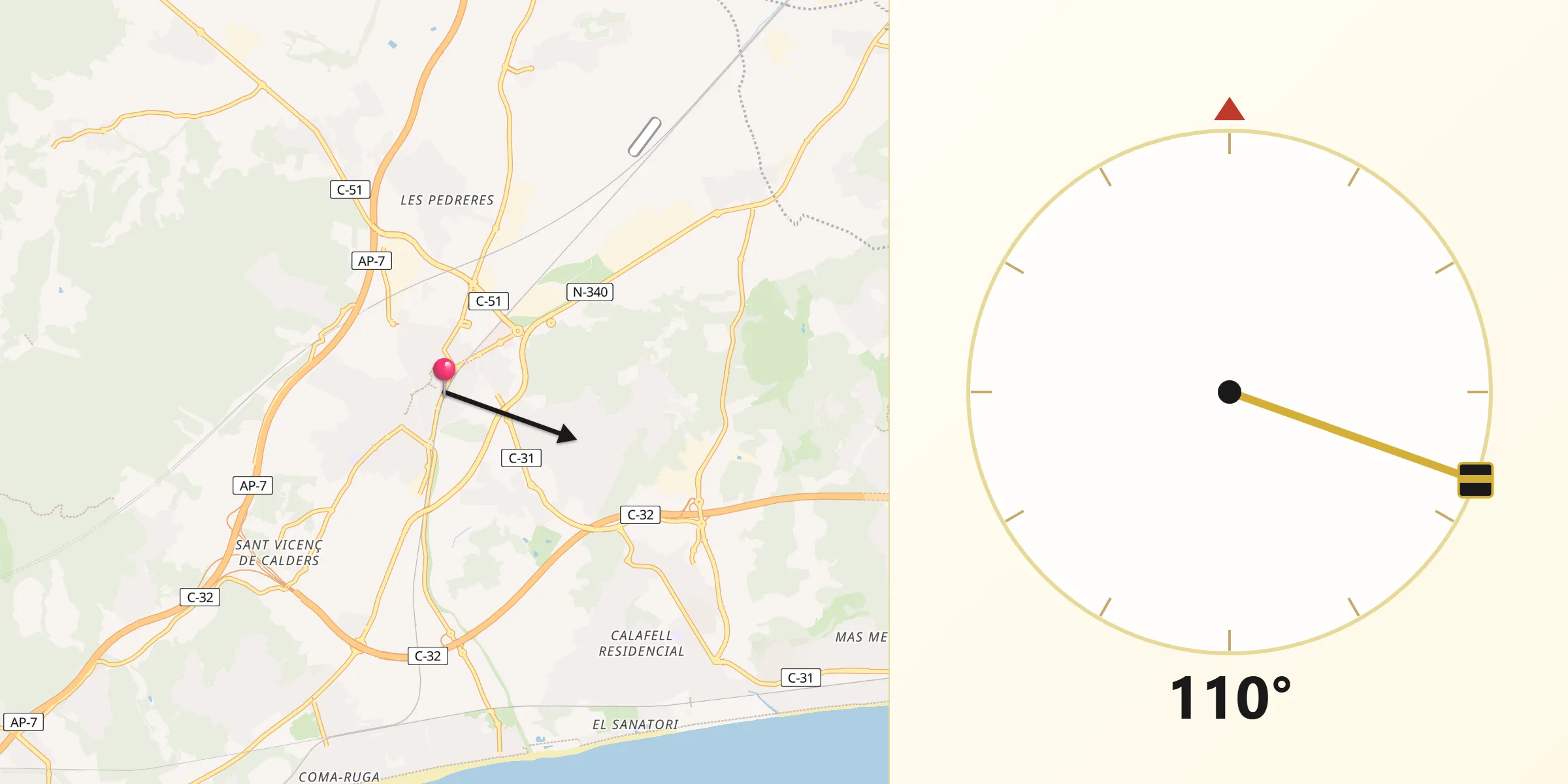 Dirección de la Qibla desde Vendrell
