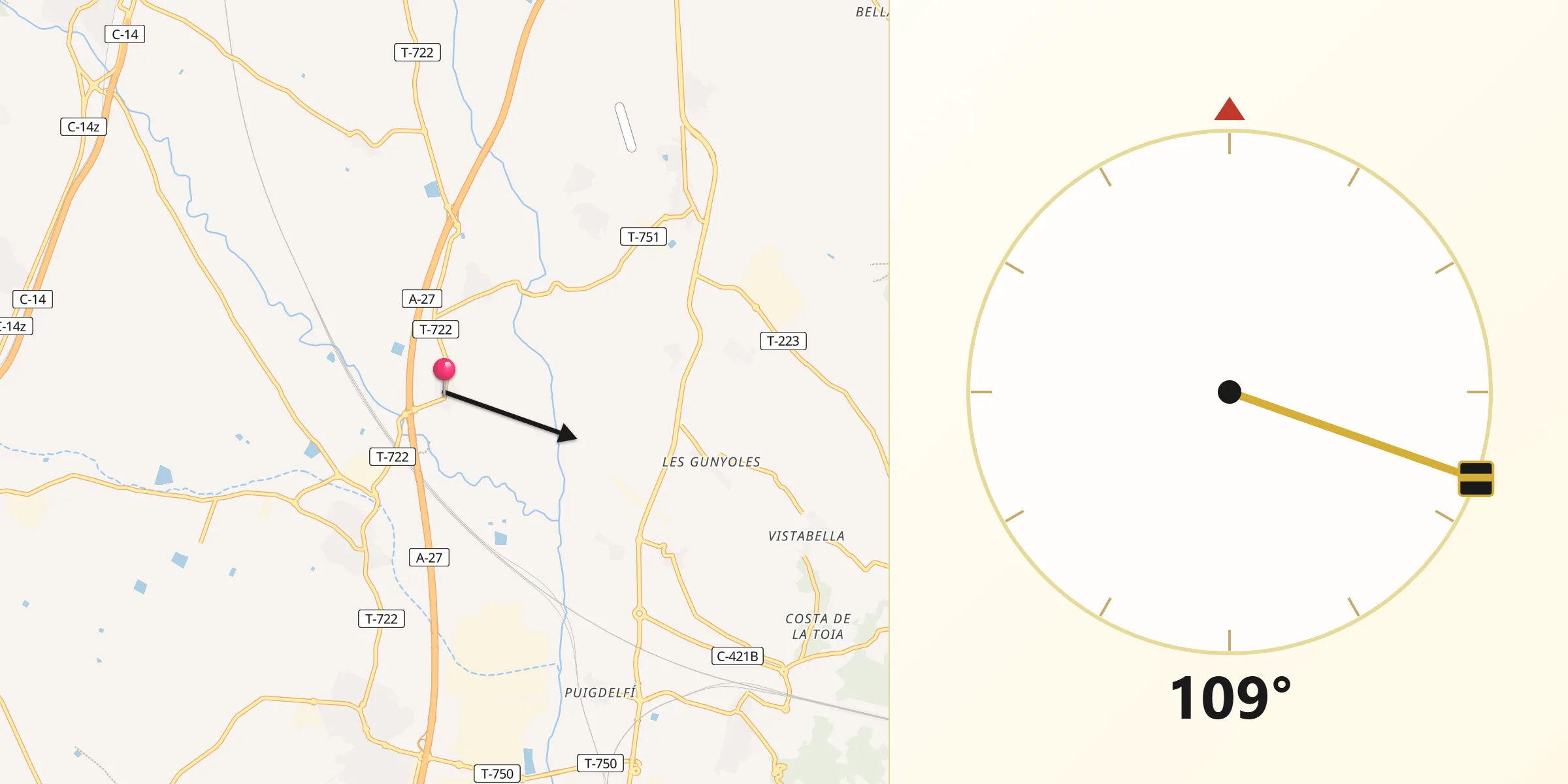 Dirección de la Qibla desde Rourell
