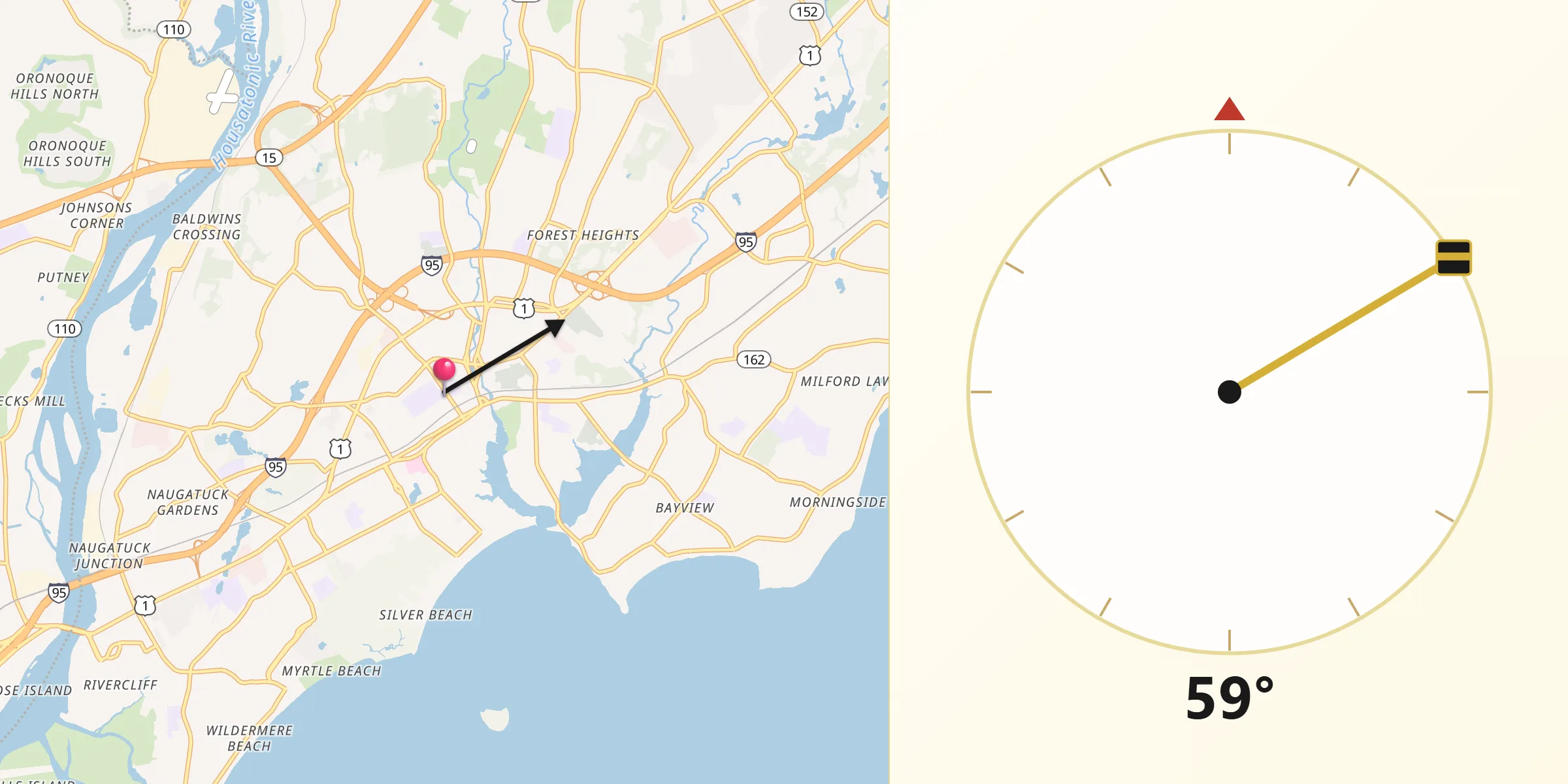 Qibla Direction from City of Milford (balance)