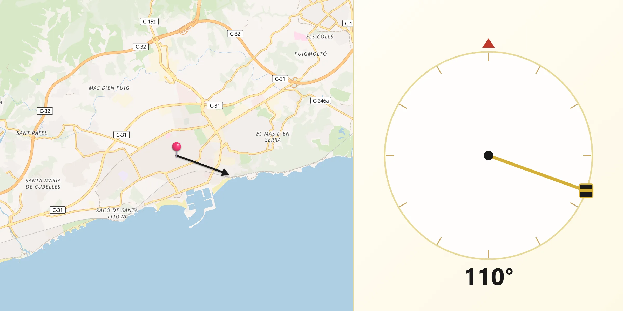 Dirección de la Qibla desde Vilanova i la Geltrú