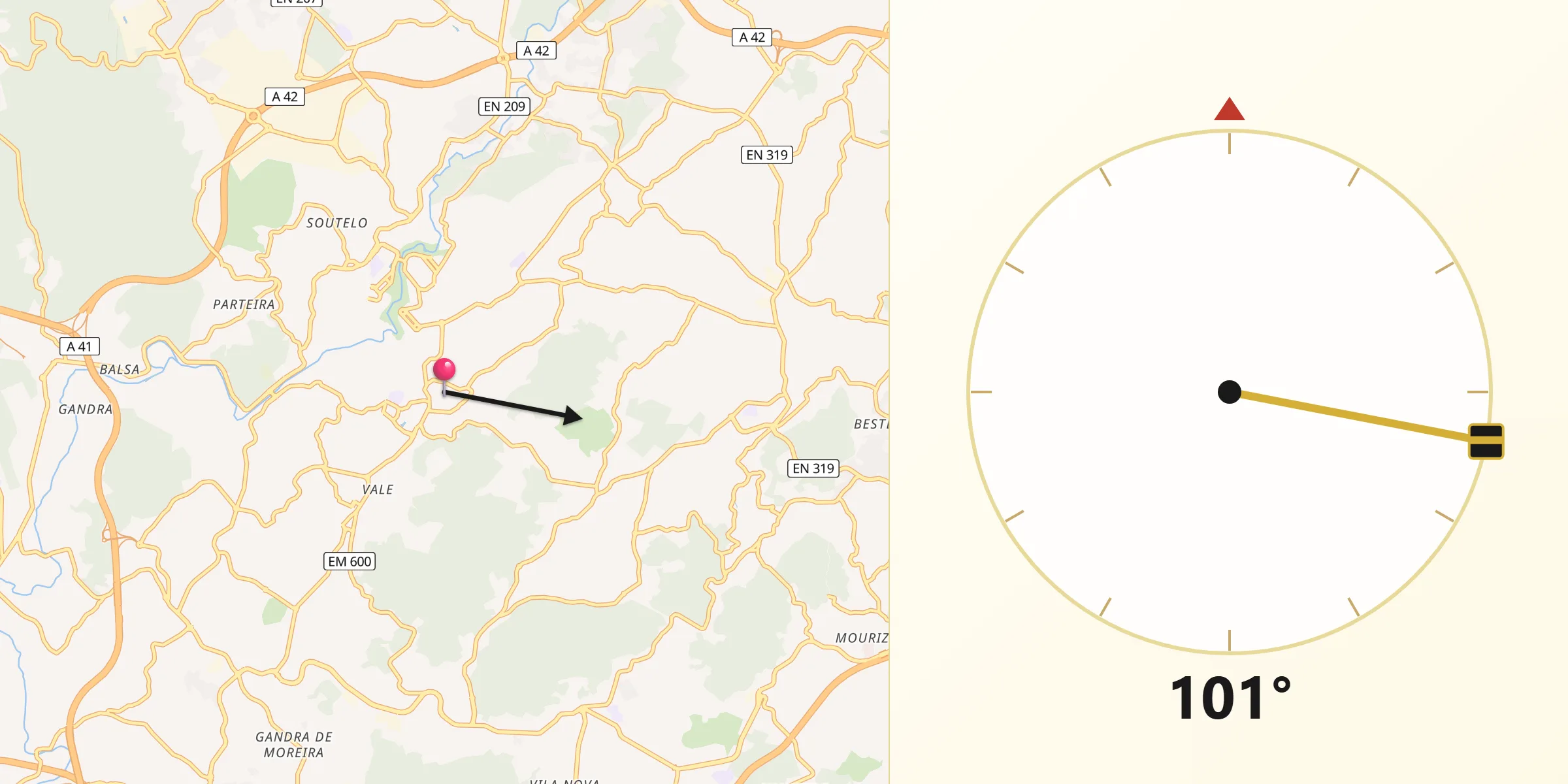 Direção da Qibla a partir de Rebordosa