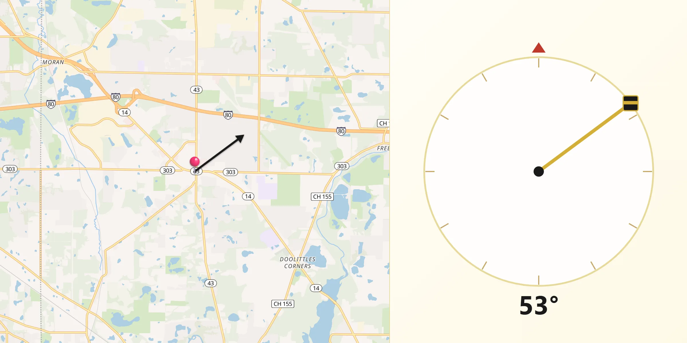Qibla Direction from Streetsboro