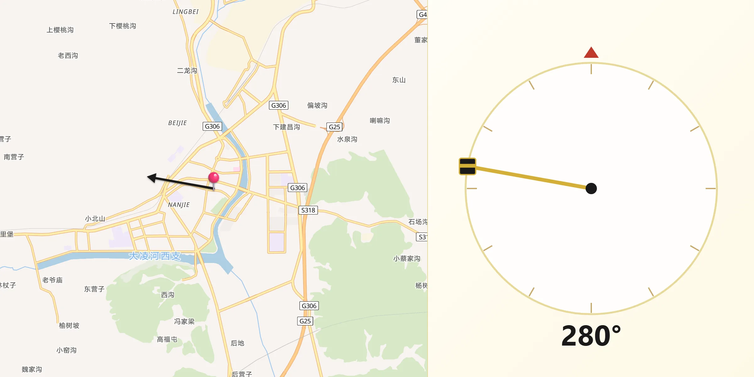 从凌源市朝向麦加的方向