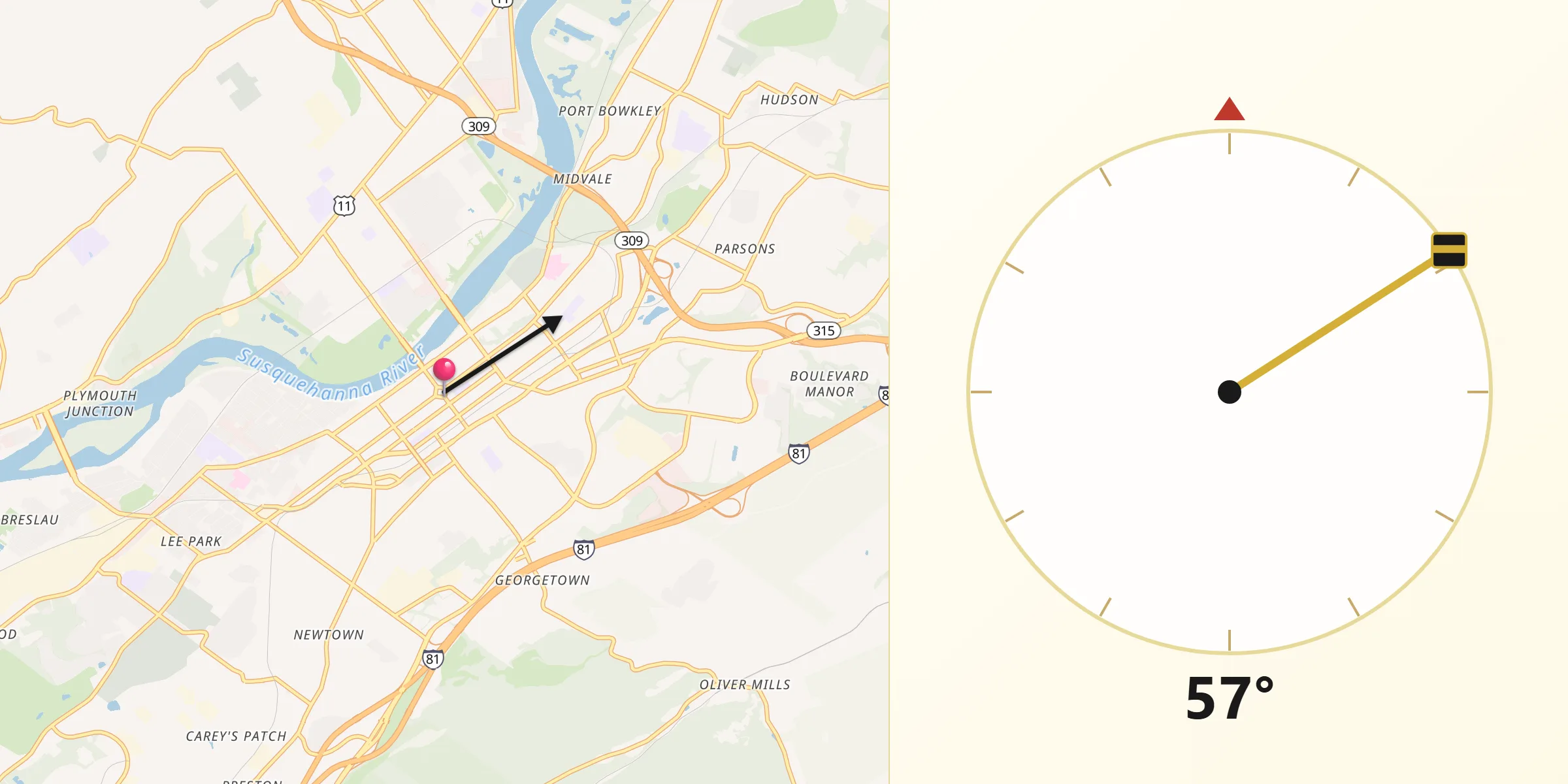 Qibla Direction from Wilkes-Barre