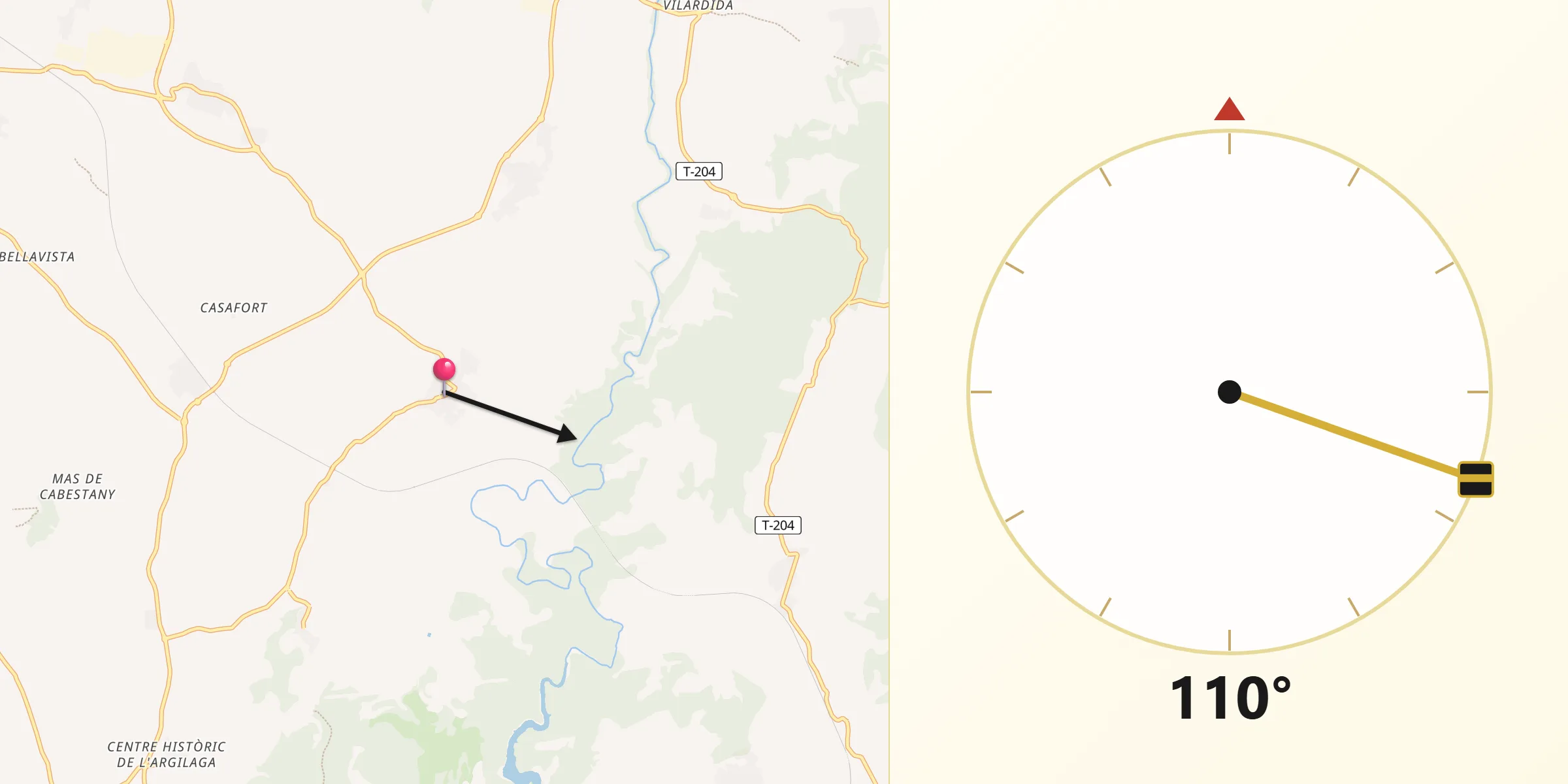 Dirección de la Qibla desde Vilabella