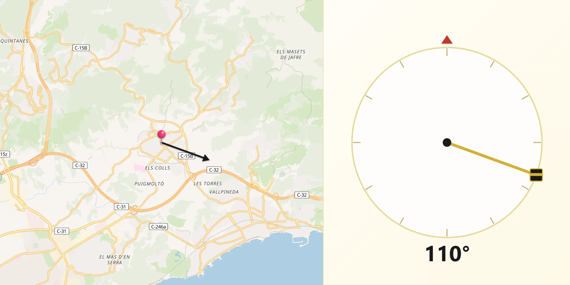Dirección de la Qibla desde San Pedro de Ribas