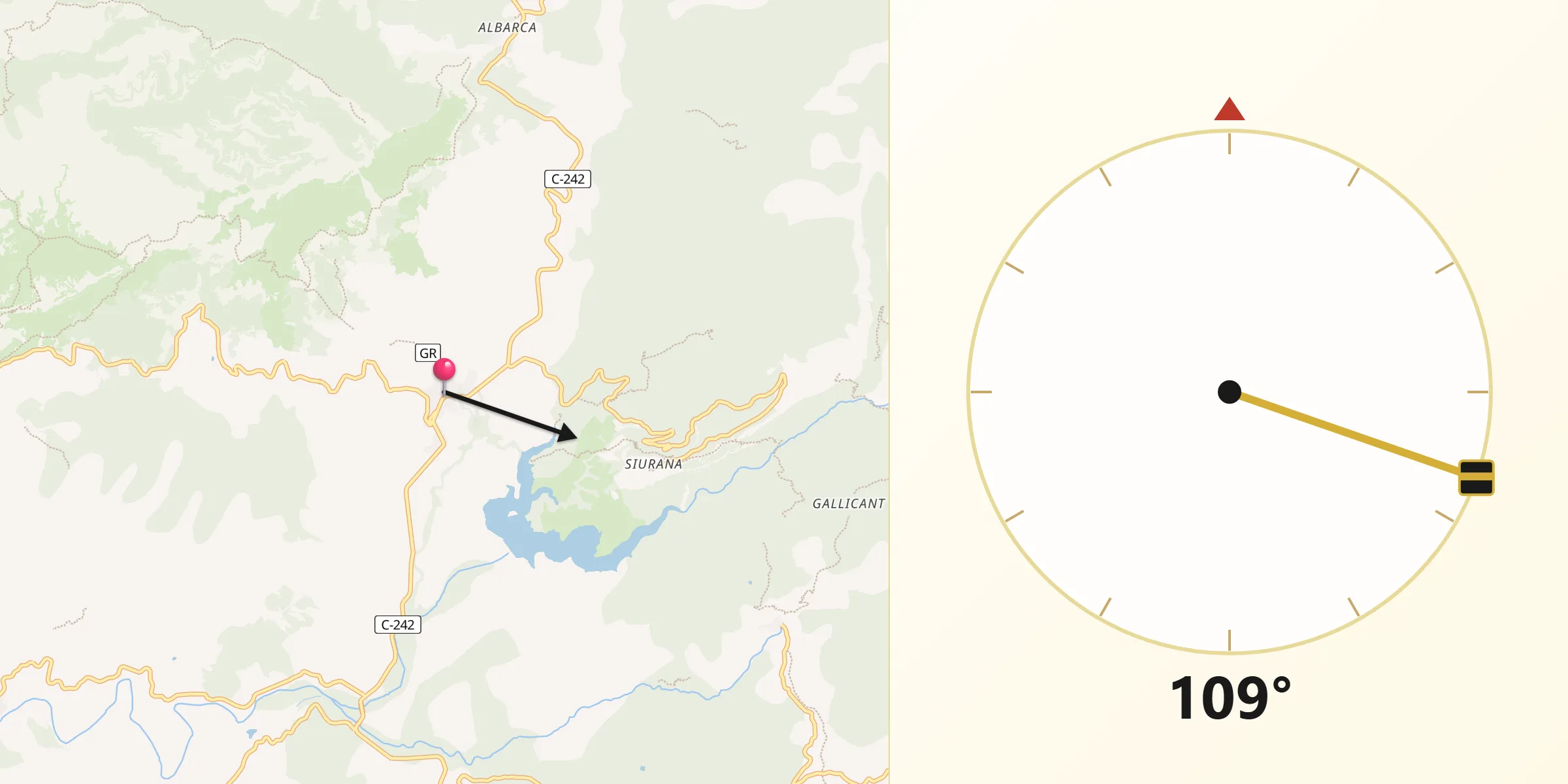 Dirección de la Qibla desde Cornudella de Montsant