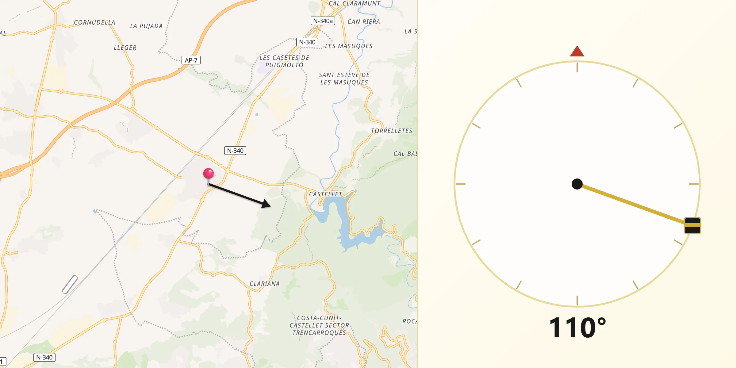 Dirección de la Qibla desde Arboç