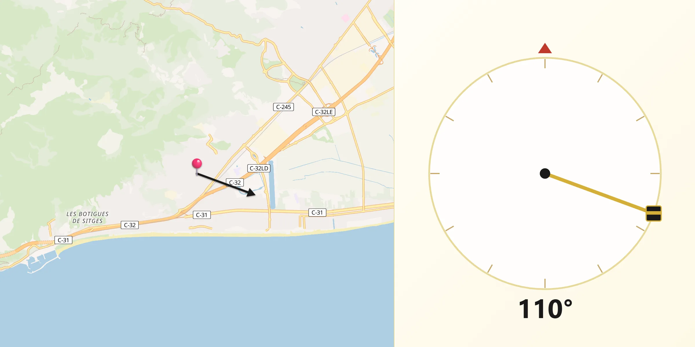 Dirección de la Qibla desde Castelldefels