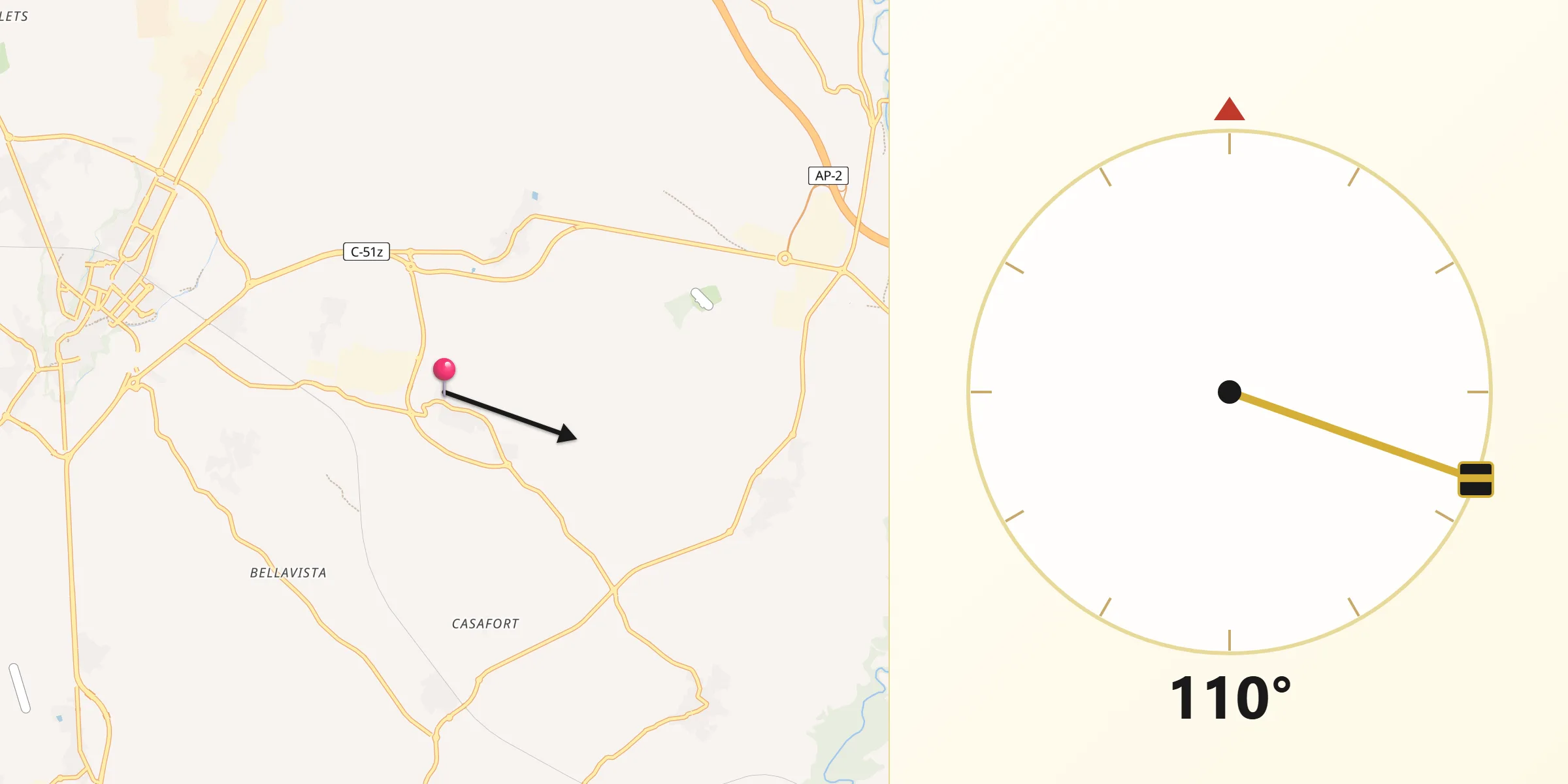 Dirección de la Qibla desde Puigpelat