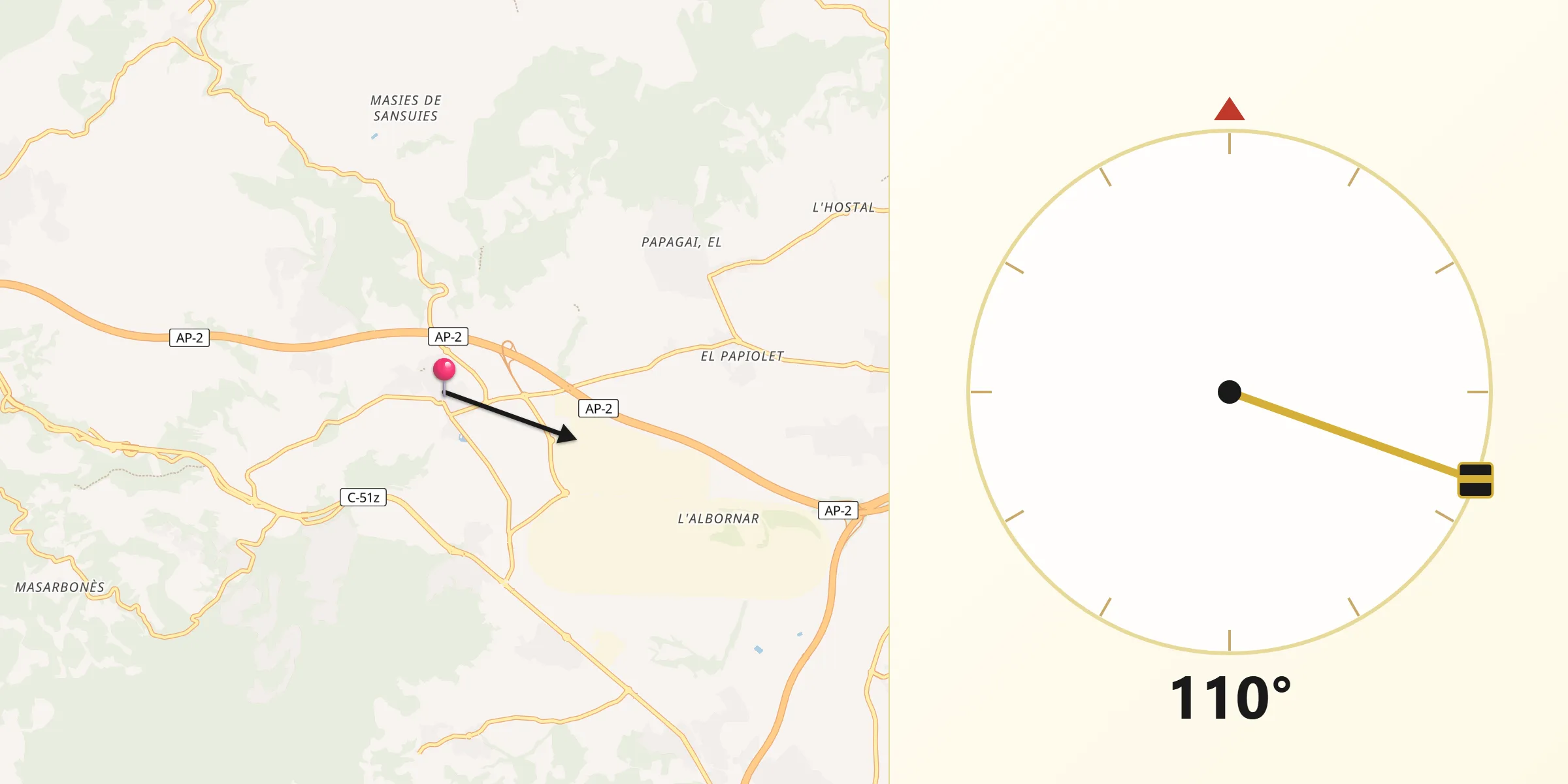 Dirección de la Qibla desde Bisbal del Penedès