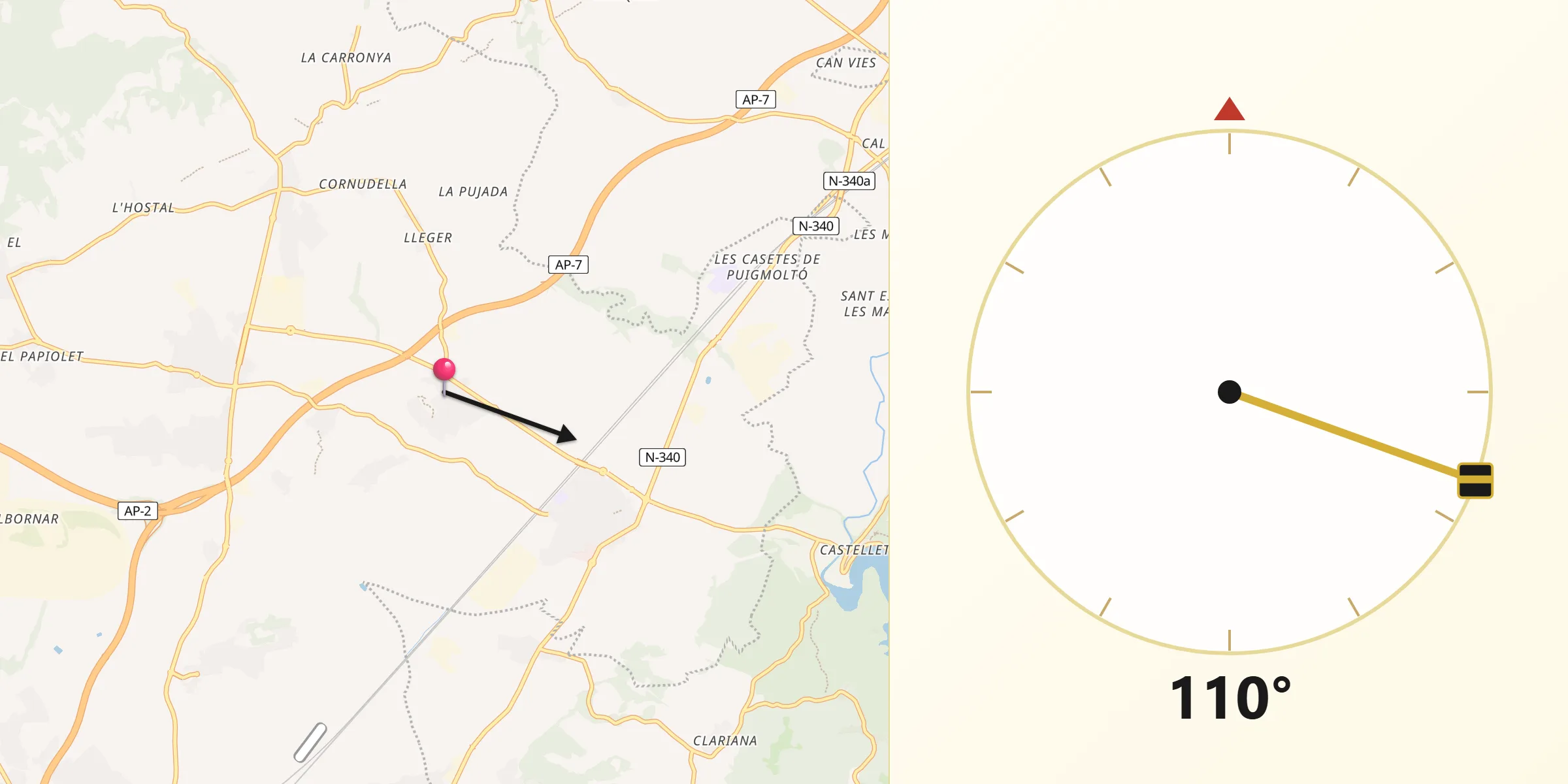 Dirección de la Qibla desde Banyeres del Penedès