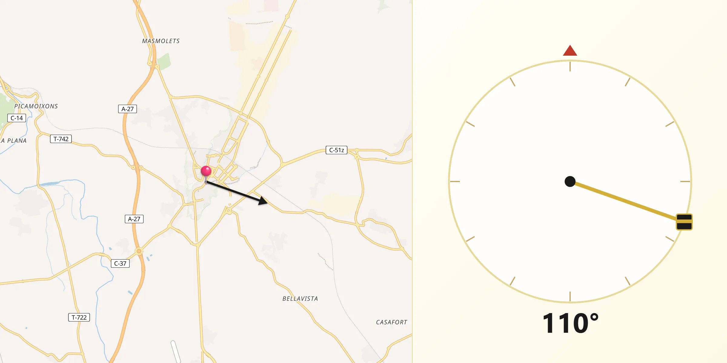 Dirección de la Qibla desde Valls