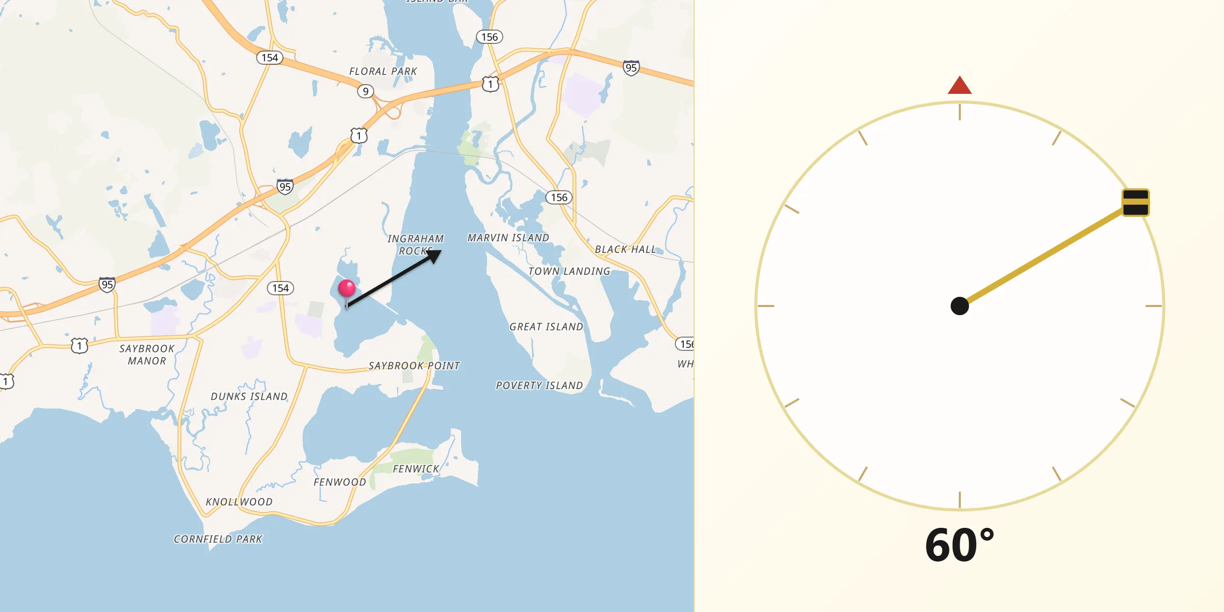 Qibla Direction from Old Saybrook Center