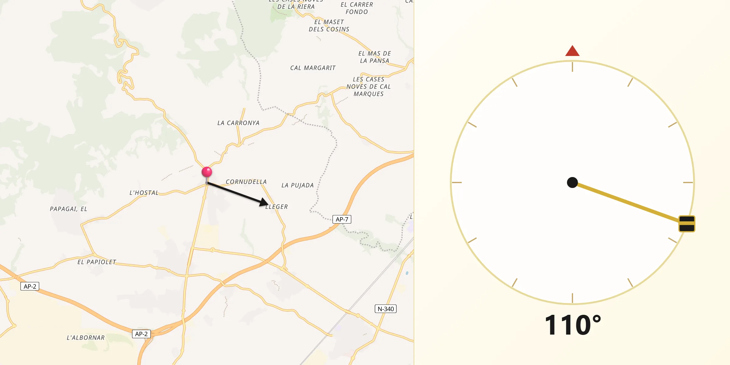 Dirección de la Qibla desde Sant Jaume dels Domenys