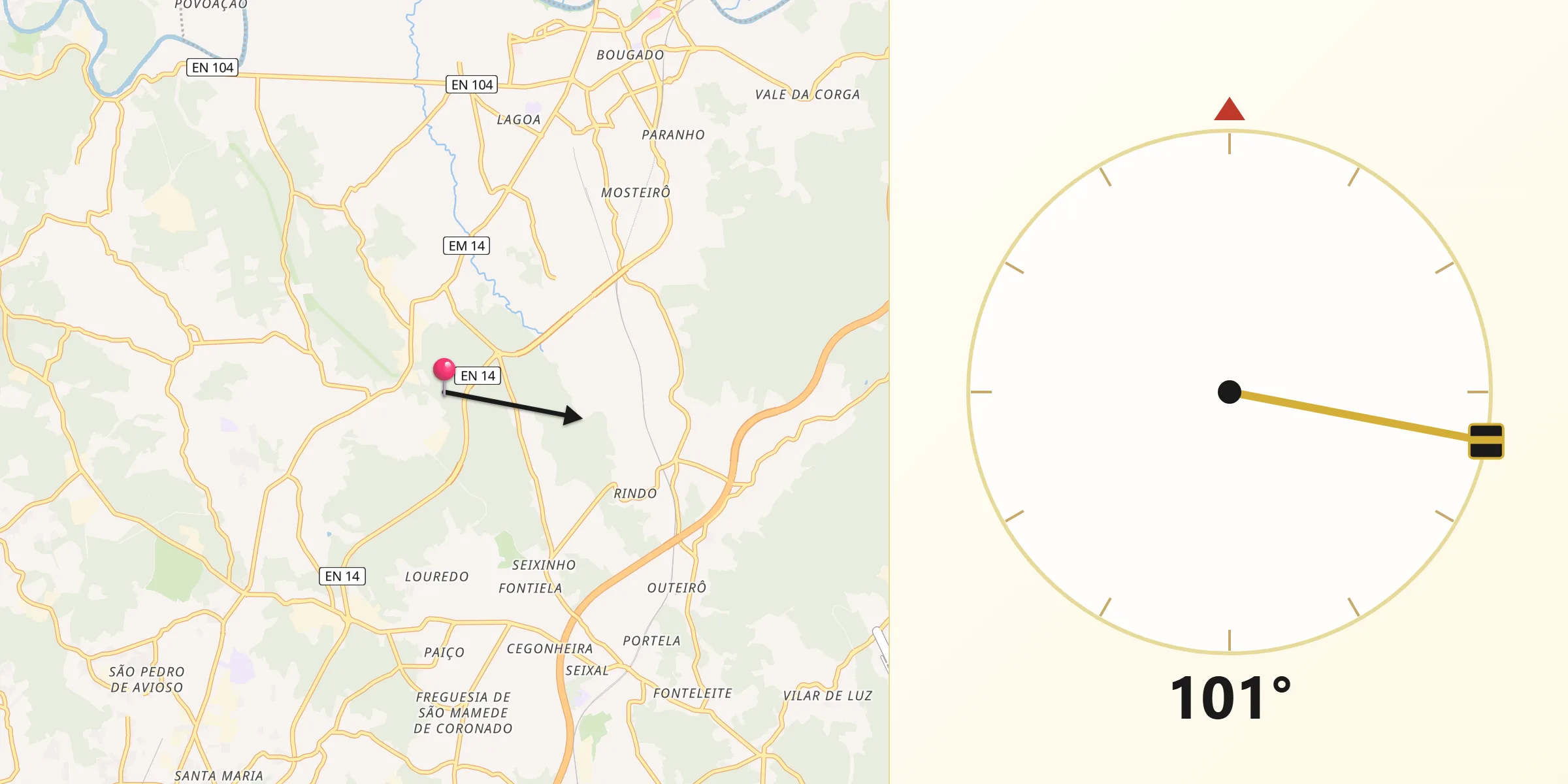 Direção da Qibla a partir de Trofa