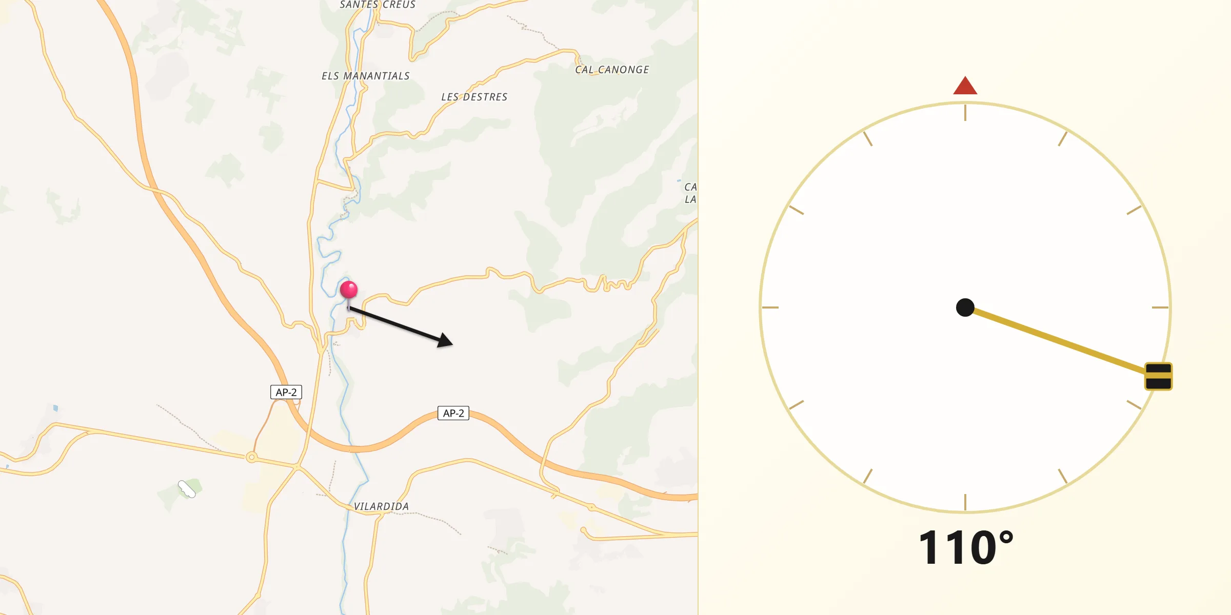 Dirección de la Qibla desde Vila-rodona