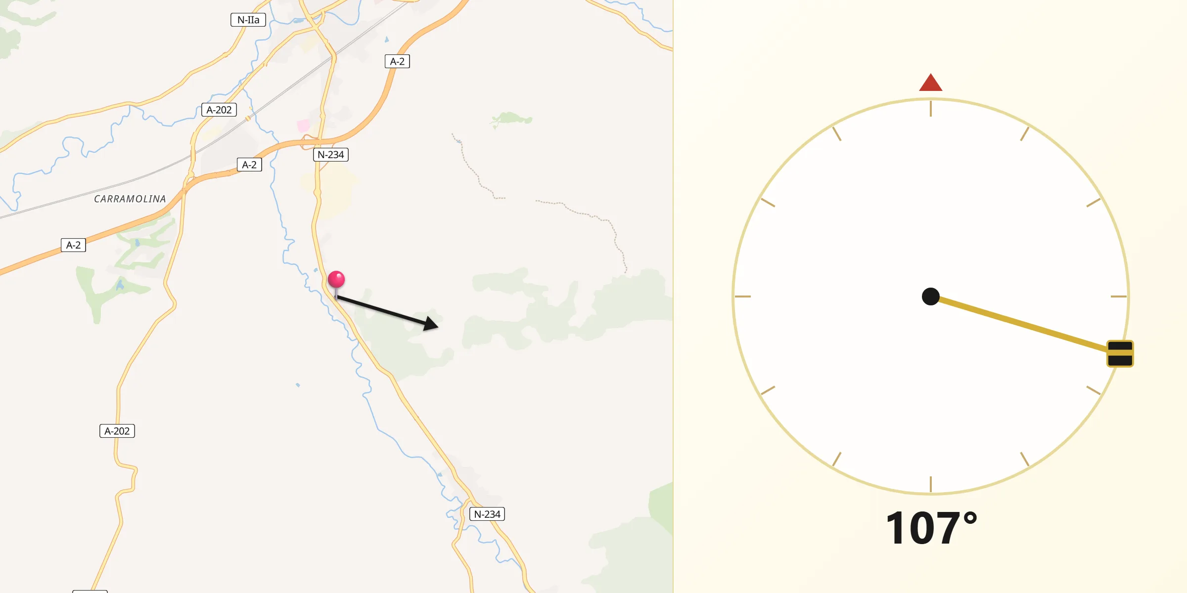 Dirección de la Qibla desde Paracuellos de Jiloca