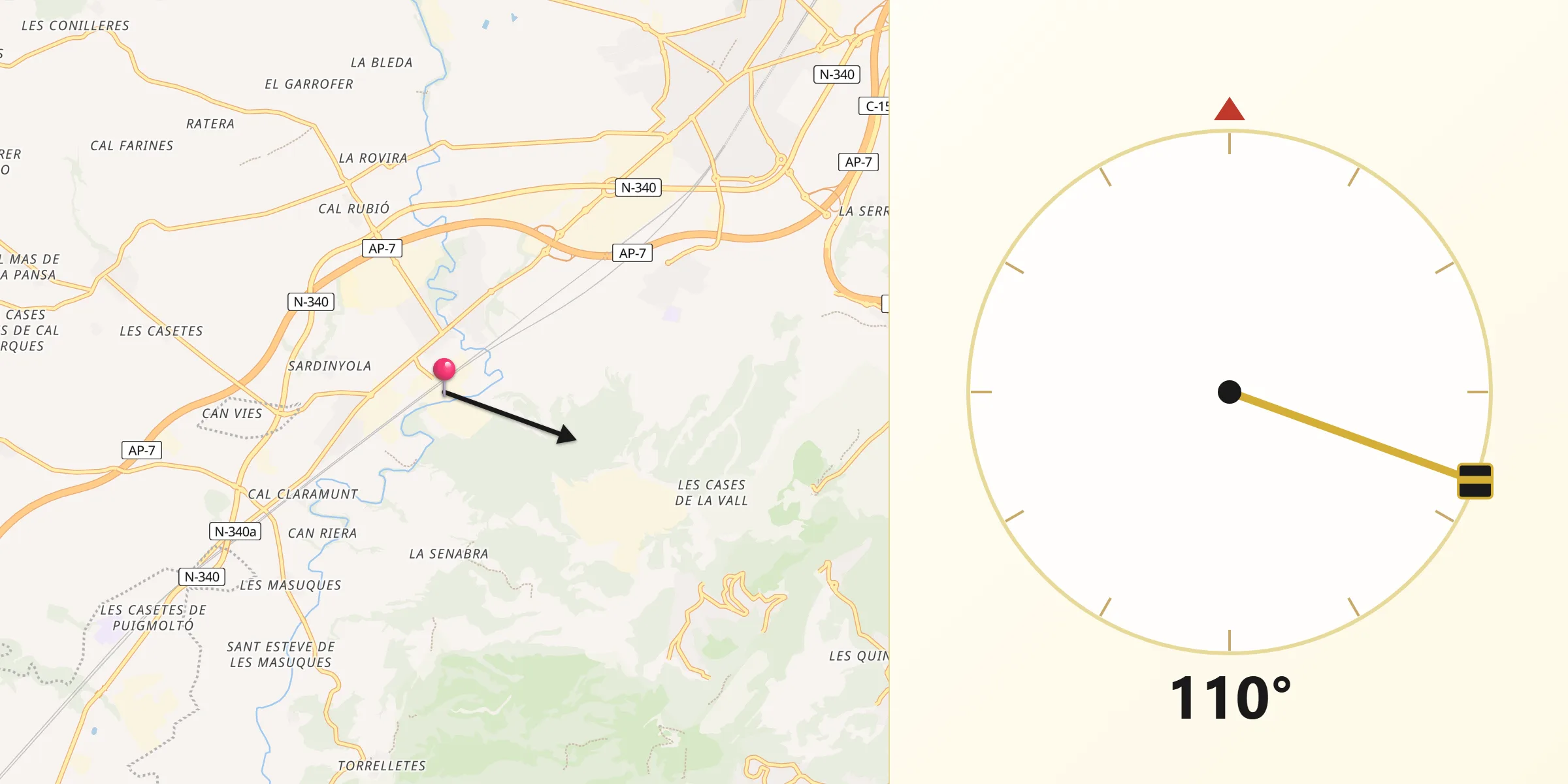 Dirección de la Qibla desde Santa Margarida i els Monjos