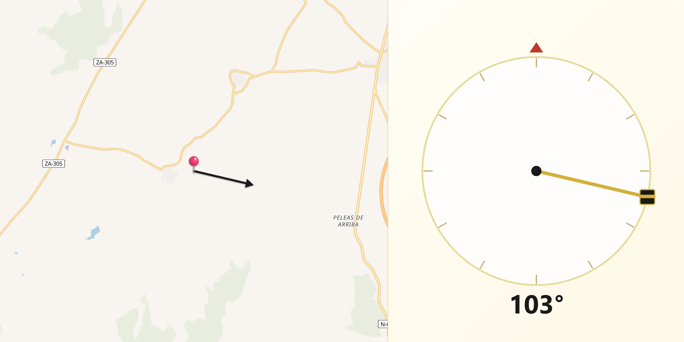 Dirección de la Qibla desde Cabañas de Sayago