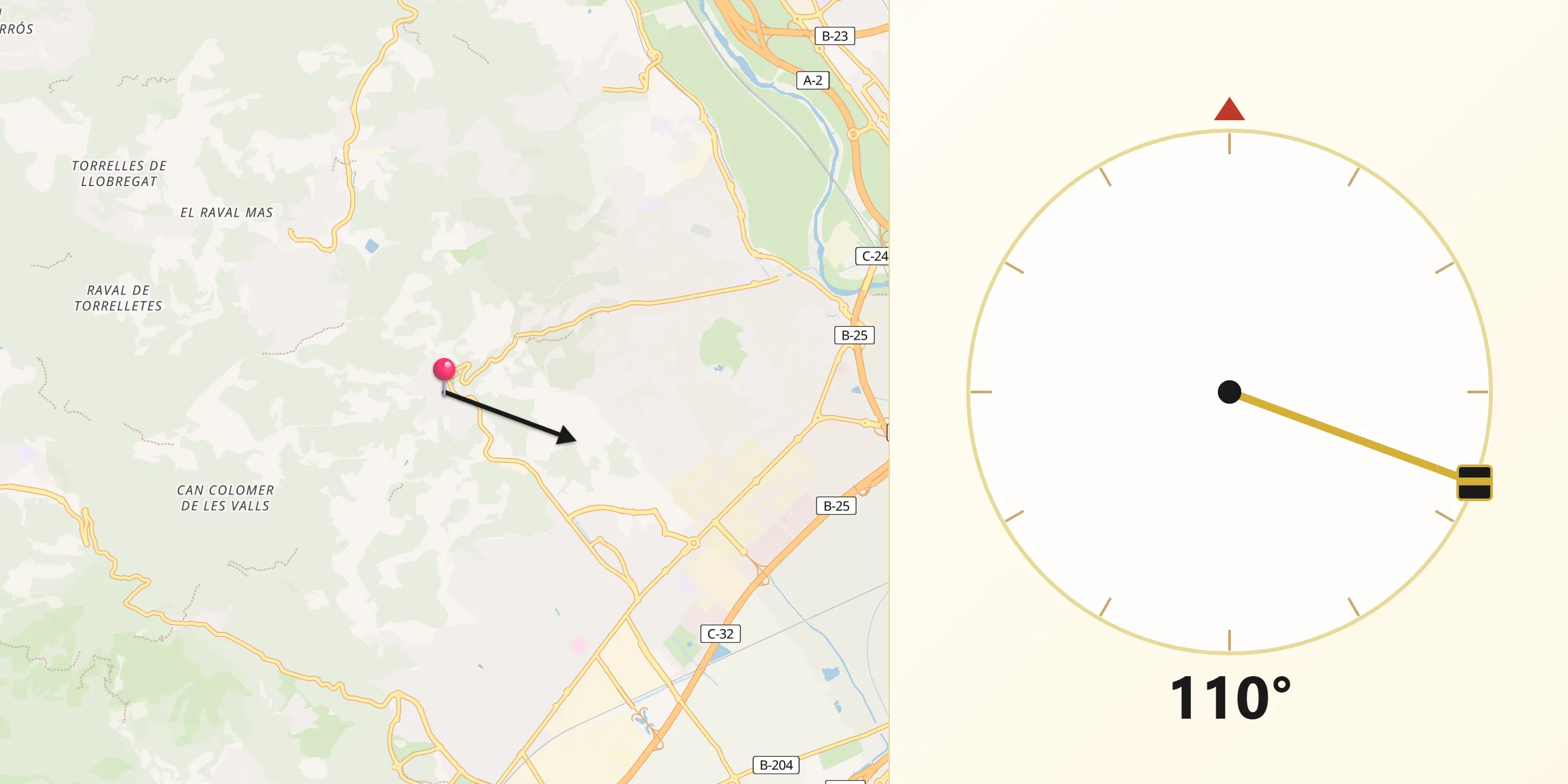 Dirección de la Qibla desde Sant Climent de Llobregat