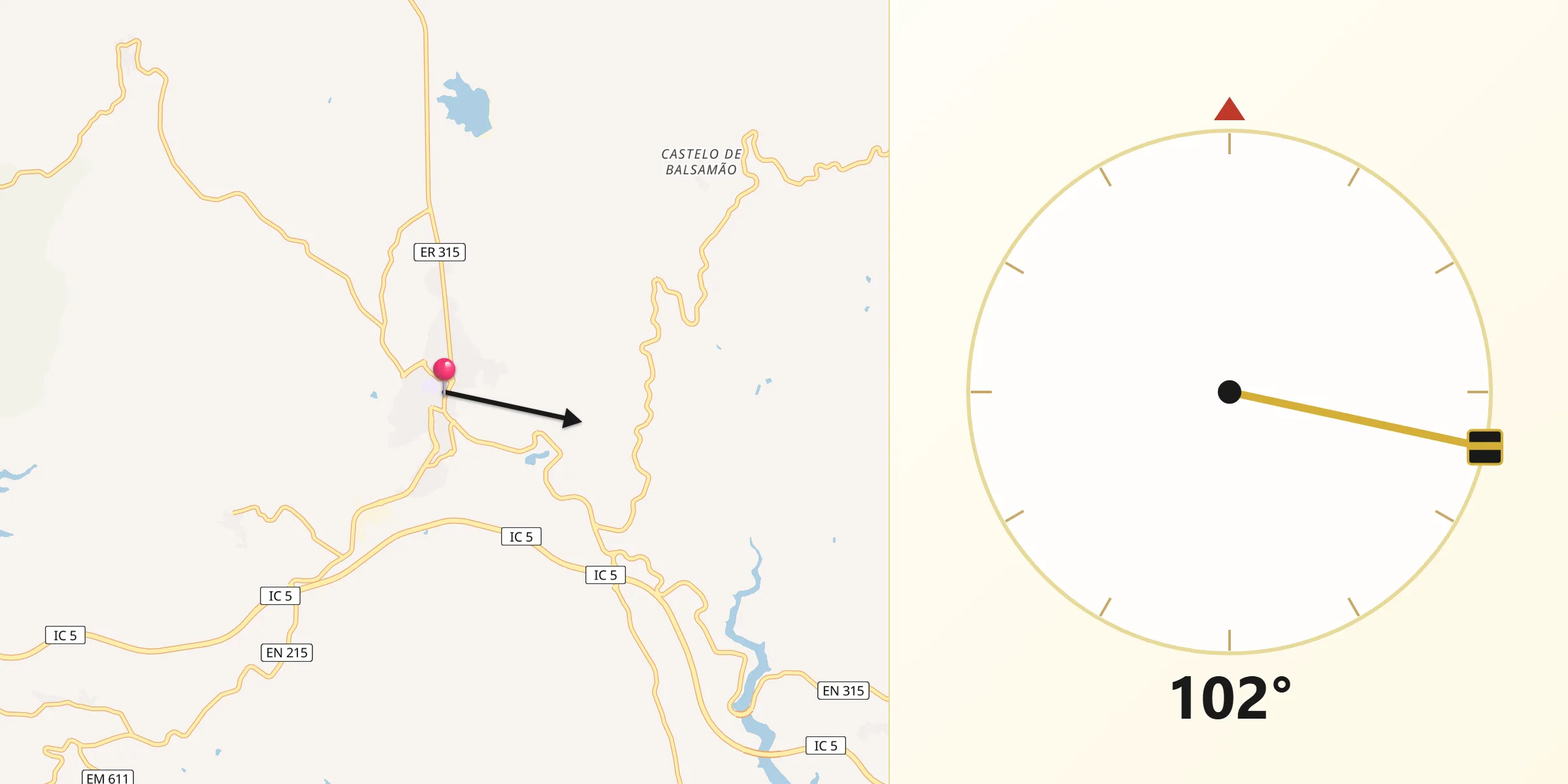 Direção da Qibla a partir de Alfândega da Fé